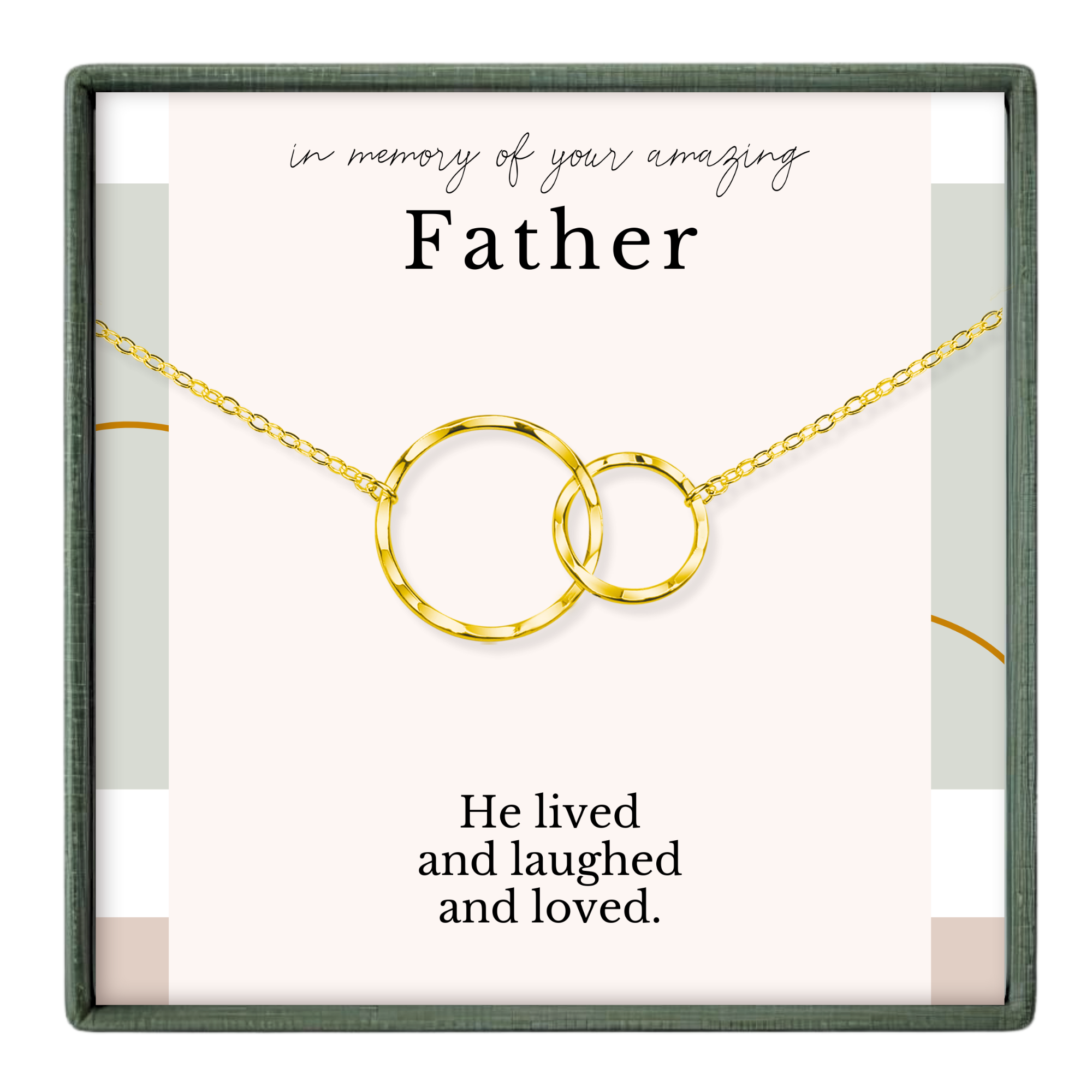 a necklace with two interlocking gold rings, and there is a message that reads "In memory of your amazing Father" and "He lived and loved."
