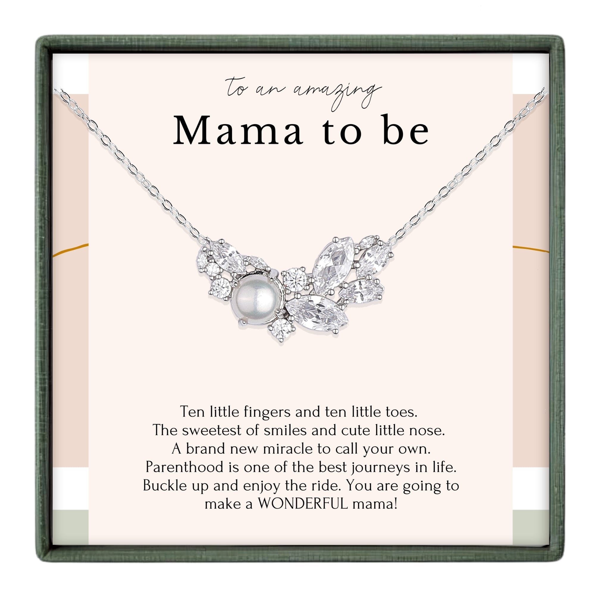 a necklace with a pendant, accompanied by a message that reads "To an amazing Mama to be" and a description of the necklace as a "brand new miracle to call your own".