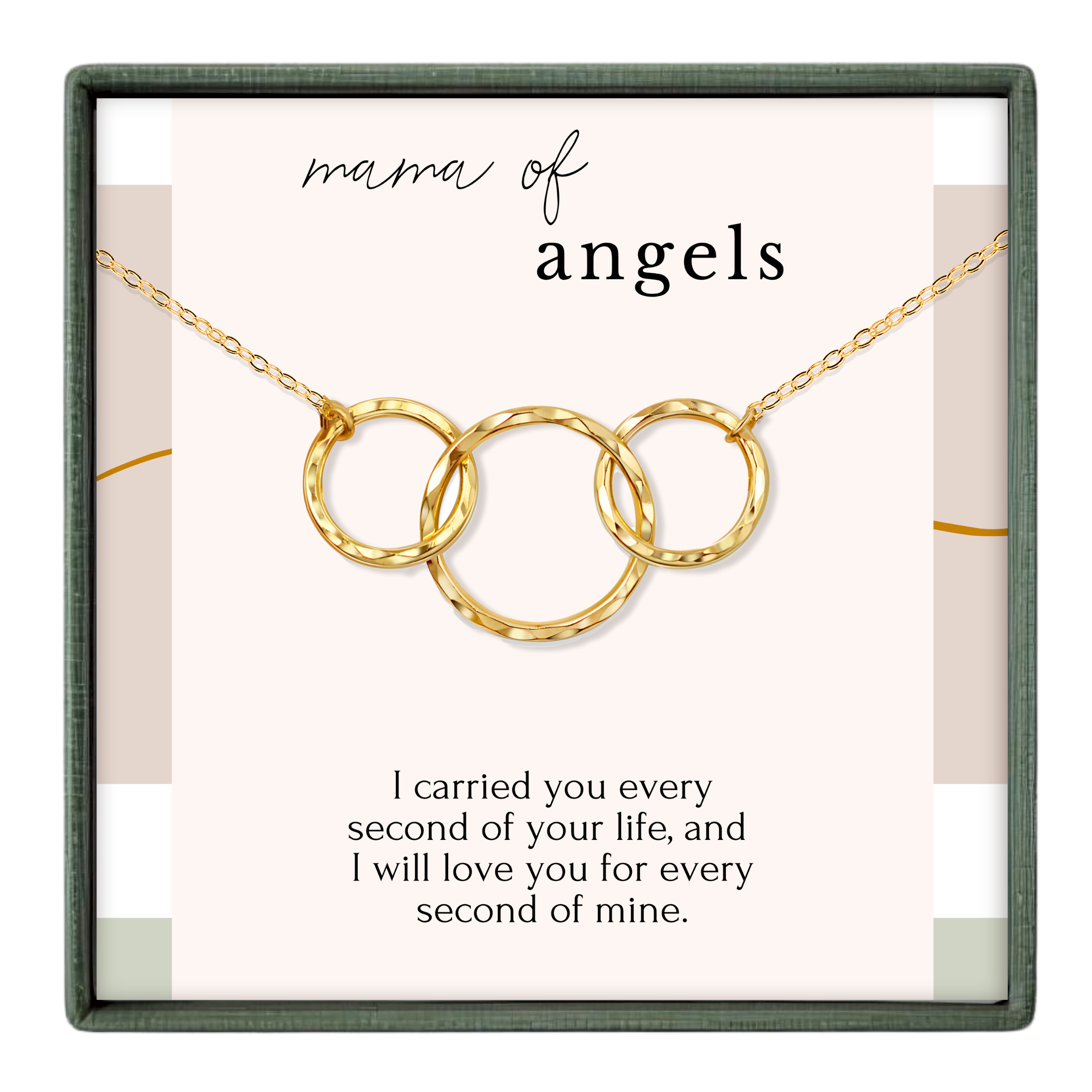 A necklace with three interlocking rings, accompanied by a heartfelt message about the love and care a mother carries for her angels.