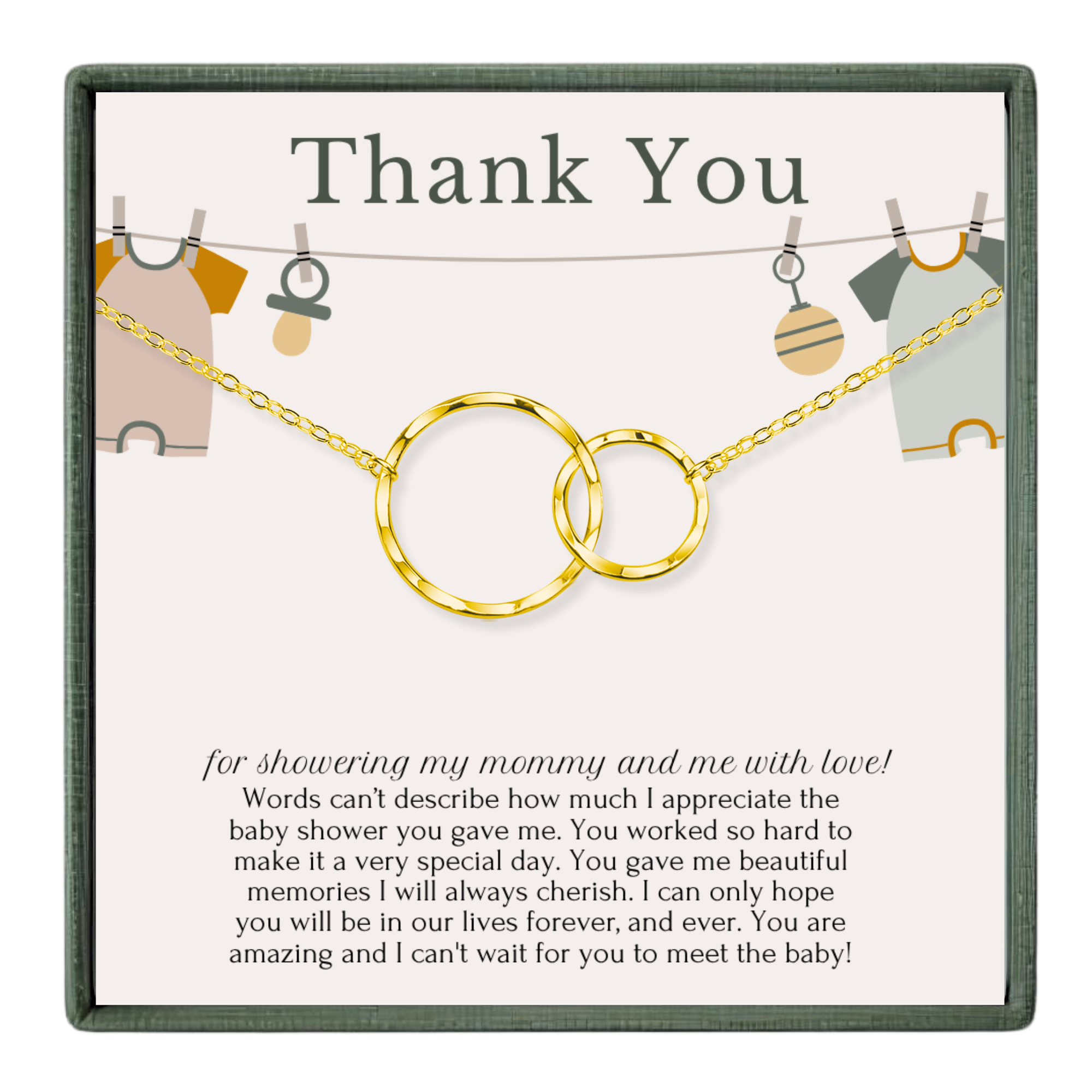 The image is a gift card design for a baby shower, featuring a baby's onesie and baby shower-themed elements such as a baby bottle and baby clothes.