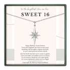 The image is a birthday gift box with a silver star pendant and a heartfelt message for Sweet Sixteen.