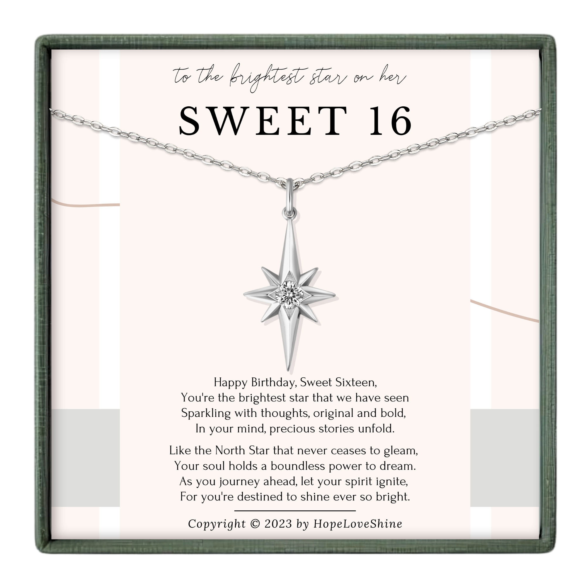 The image is a birthday gift box with a silver star pendant and a heartfelt message for Sweet Sixteen.