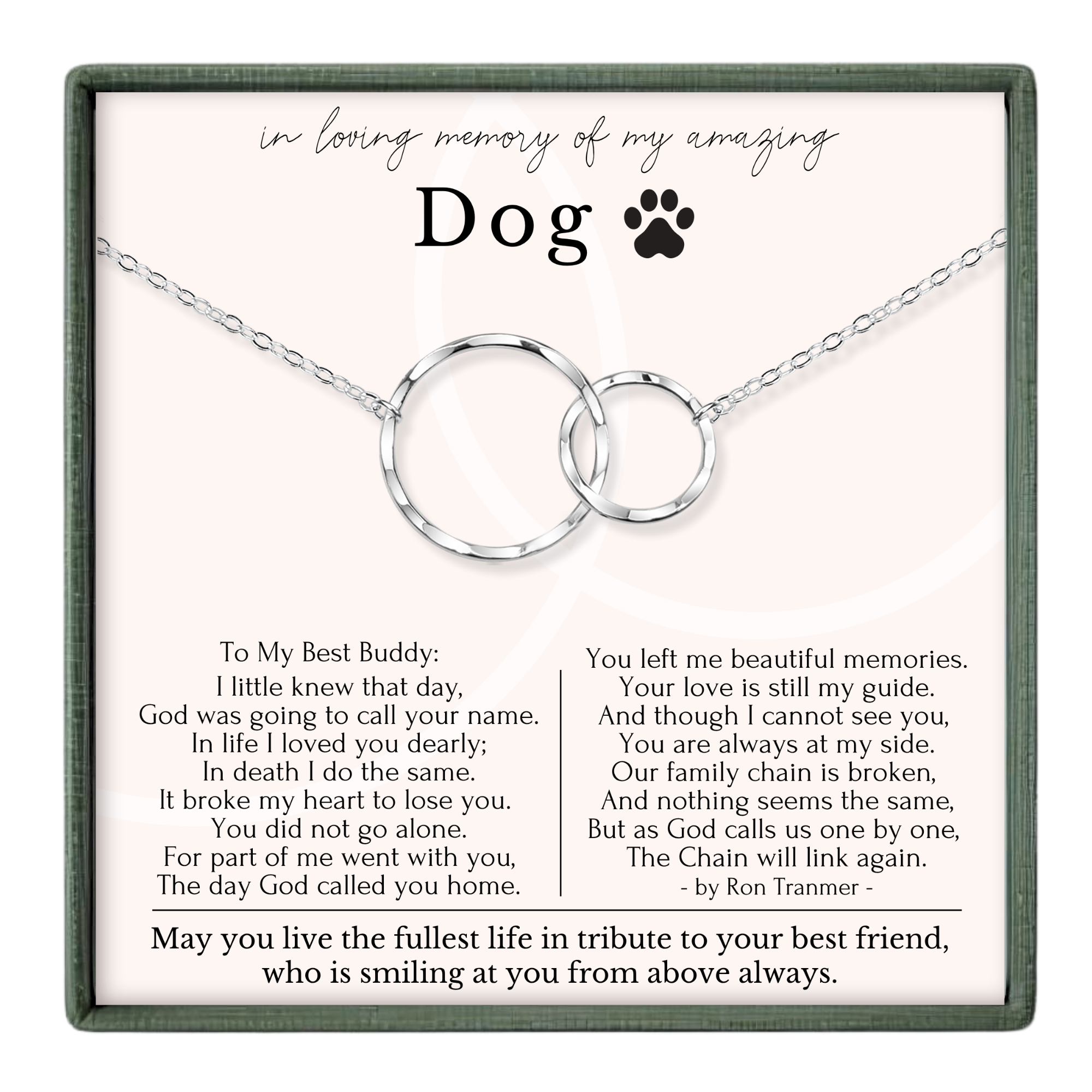 a heartfelt message about a dog, accompanied by a necklace with two interlocking rings. The message expresses love and memories shared between the dog and its owner, and it concludes with a message of hope for the future.