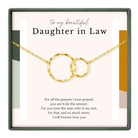 a necklace with two interlocking rings, accompanied by a heartfelt message expressing love and appreciation for the daughter in law.