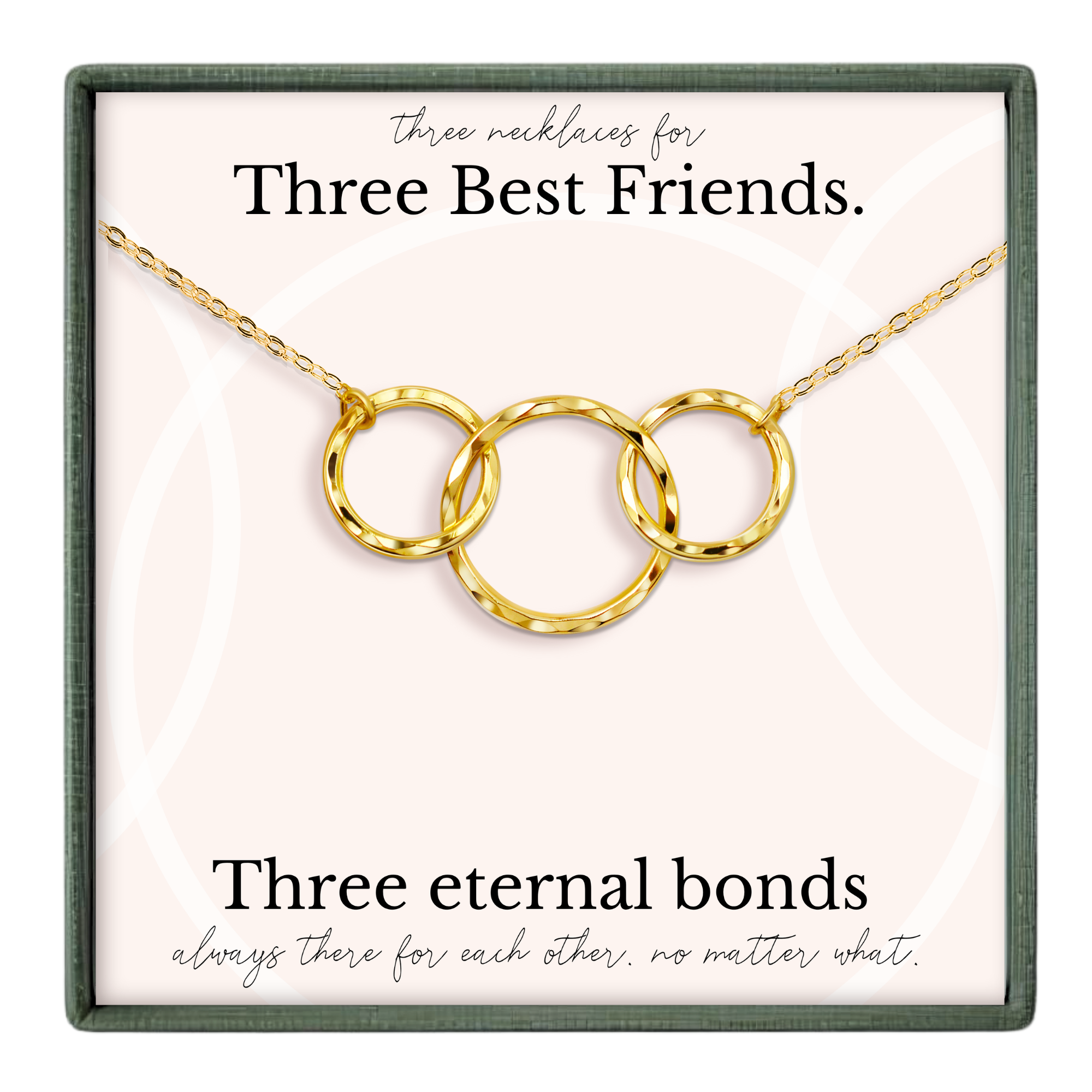 a necklace with three circular gold rings, each ring connected to the other, creating a unique and elegant design.