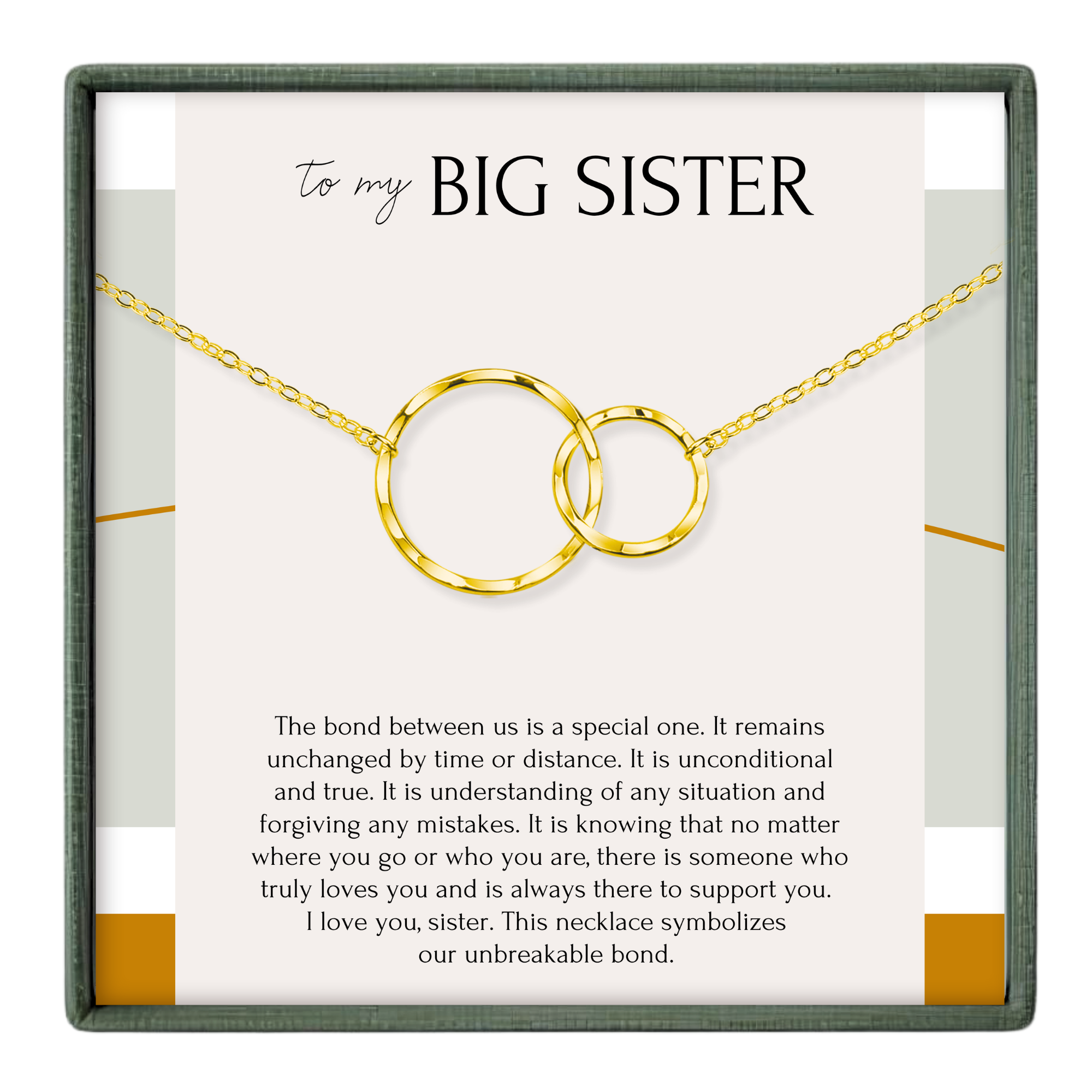 a necklace with two interlocking circles, symbolizing the unbreakable bond between a big sister and her sibling.