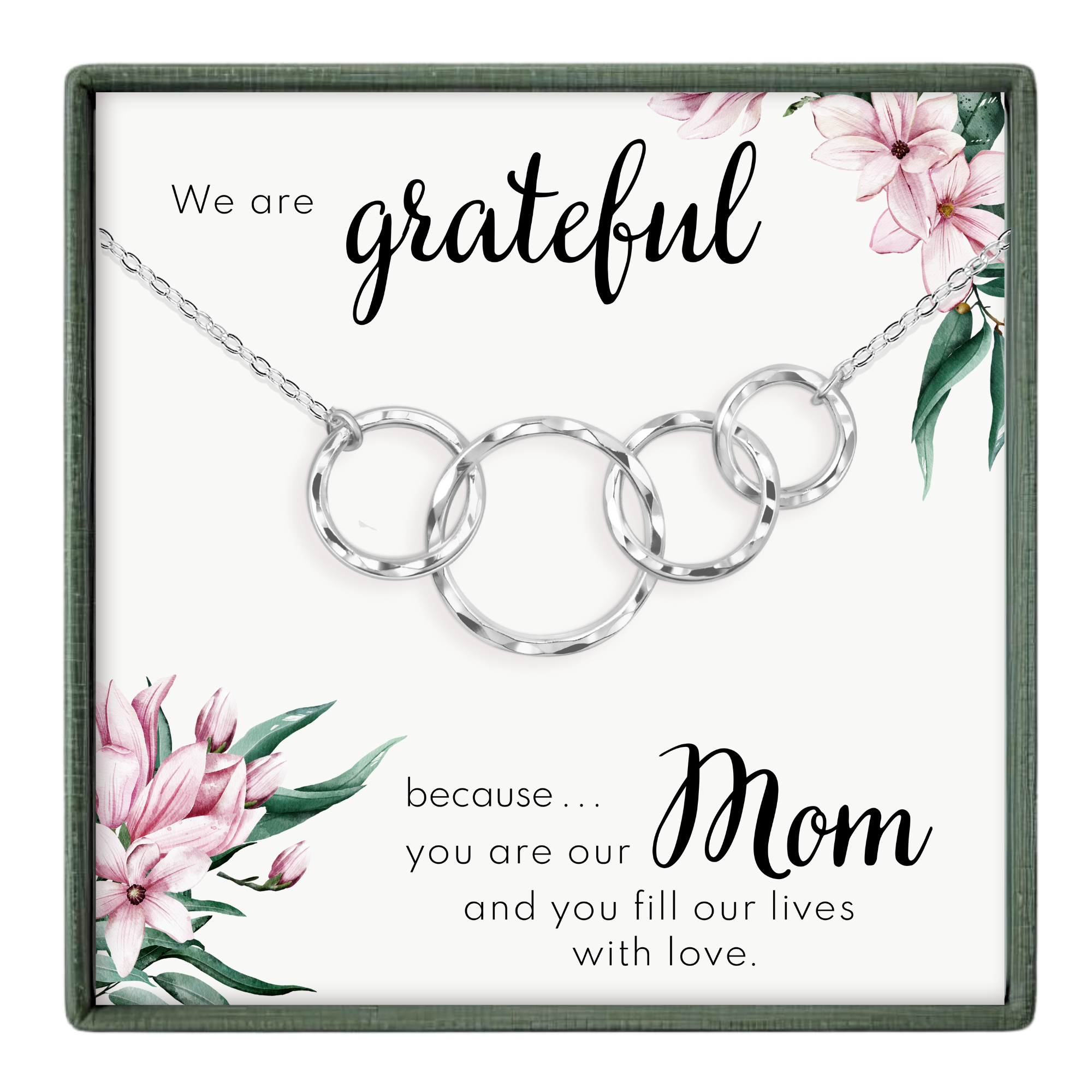 The image is a necklace with a pendant, featuring a floral design and a message about being a mother.