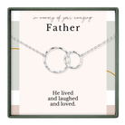 The image is a necklace with two circular pendants, and it is presented in a frame with a message about a father.