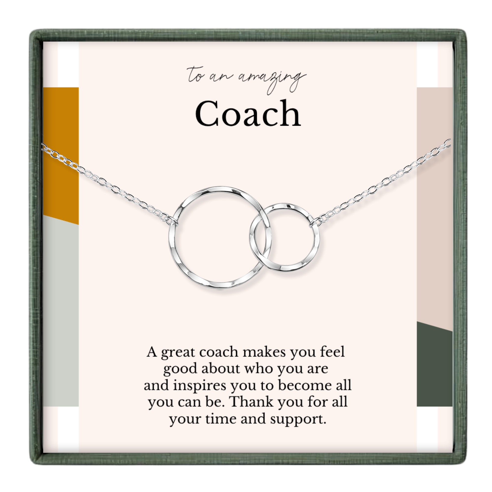 The image is a necklace with two interlocking rings, and it is presented in a square frame with a message about a coach.