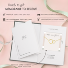 The image is a promotional graphic for a gift box containing a premium signature gift box, a blank greeting card, and a necklace. The gift box is wrapped in a satin ribbon, and it includes a message card that allows the recipient to personalize the message with their own story. The message card varies by the recipient's selection, and it encourages the viewer to "Ready to gift memorable to receive".