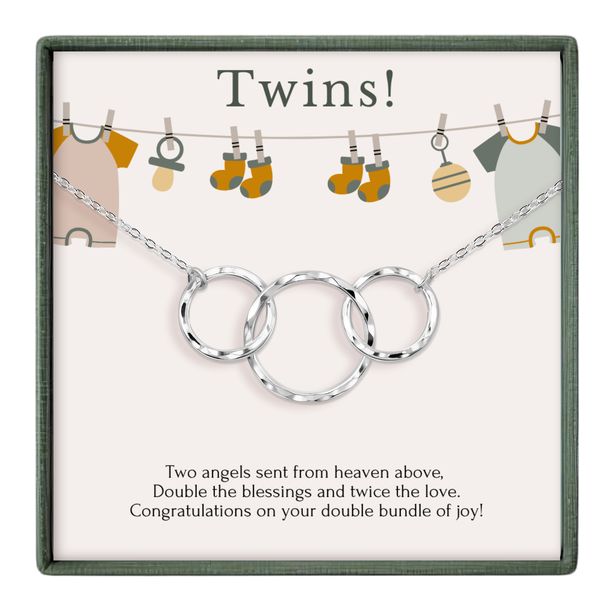 The image is a gift box with a necklace and a message about the arrival of a new baby.