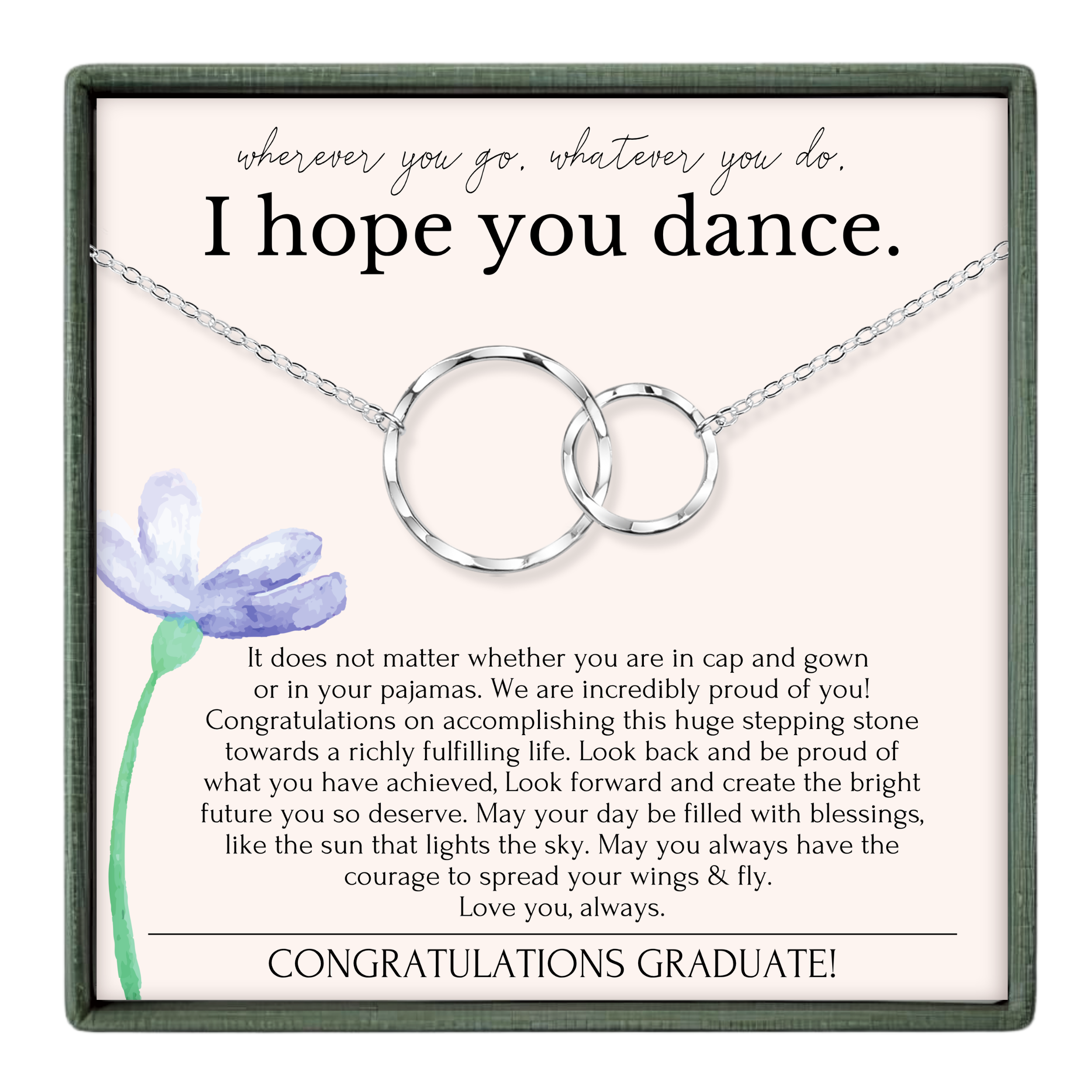 The image is a graduation gift box with a necklace and a purple flower. The text inside the box congratulates the graduate and expresses hope for their future success and happiness.