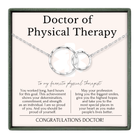 The image is a necklace with two interlocking rings, and it is presented as a congratulatory gift to a favorite physical therapist.