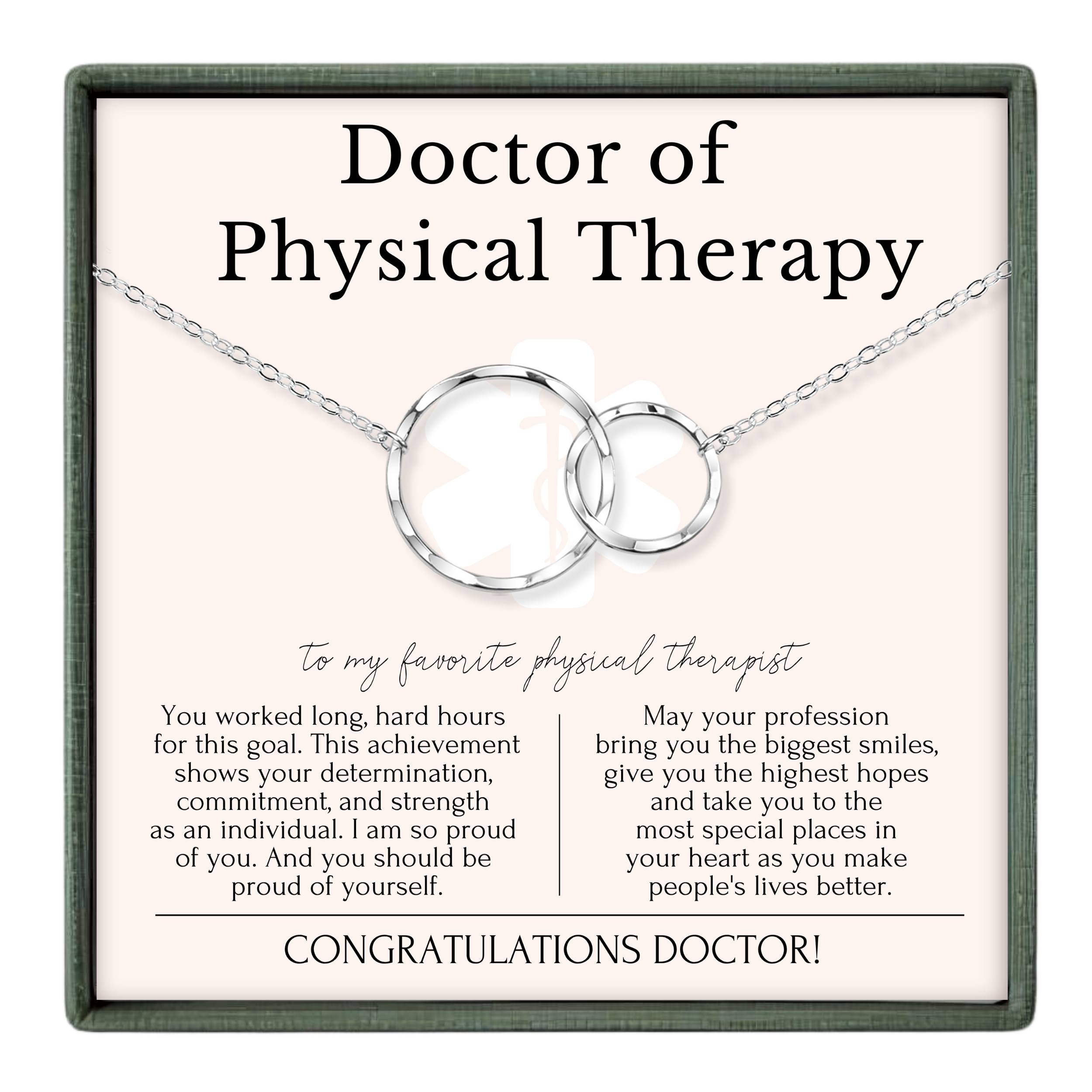 The image is a necklace with two interlocking rings, and it is presented as a congratulatory gift to a favorite physical therapist.