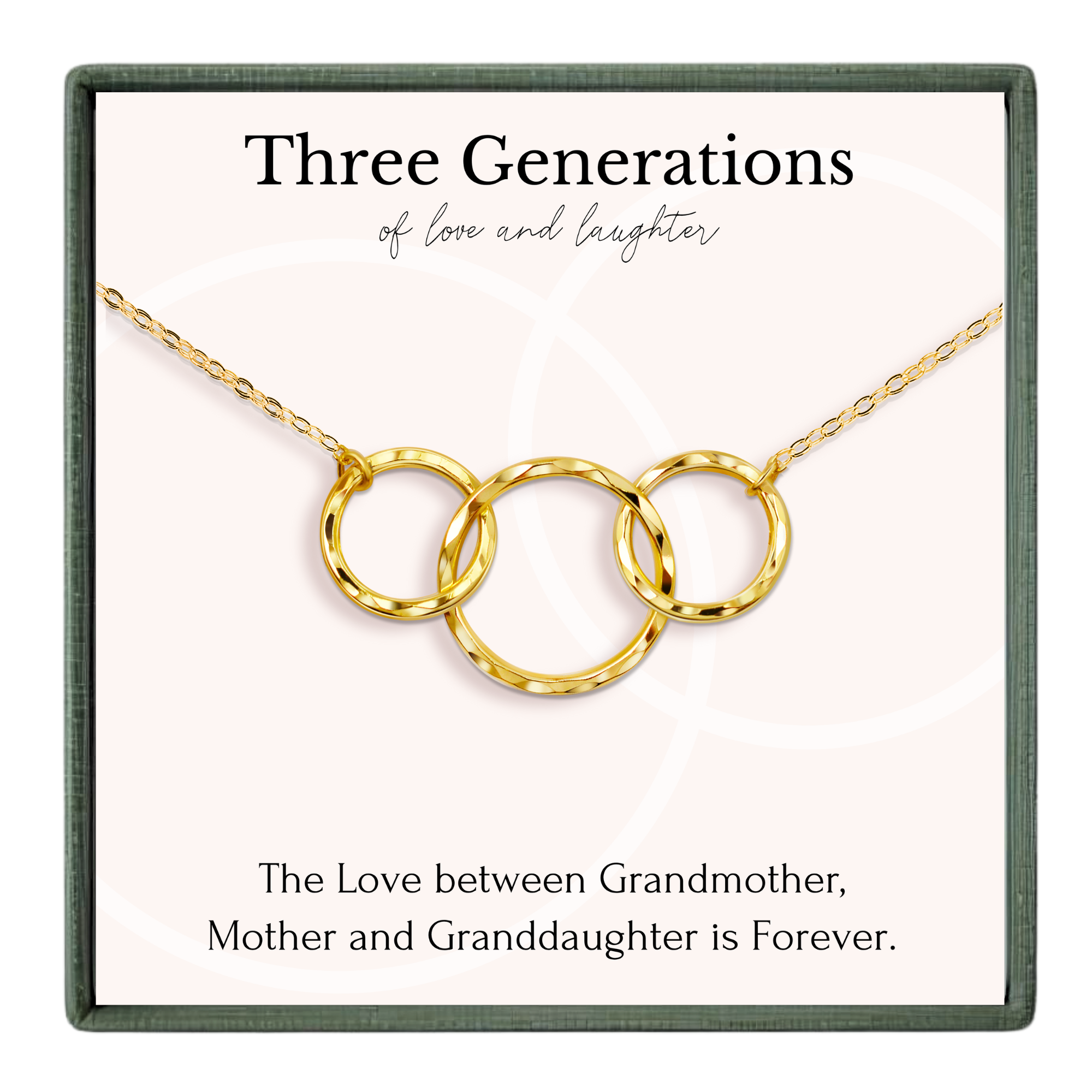 a necklace with three interlocking rings, accompanied by a caption that reads "The Love between Grandmother, Mother and Granddaughter is Forever."