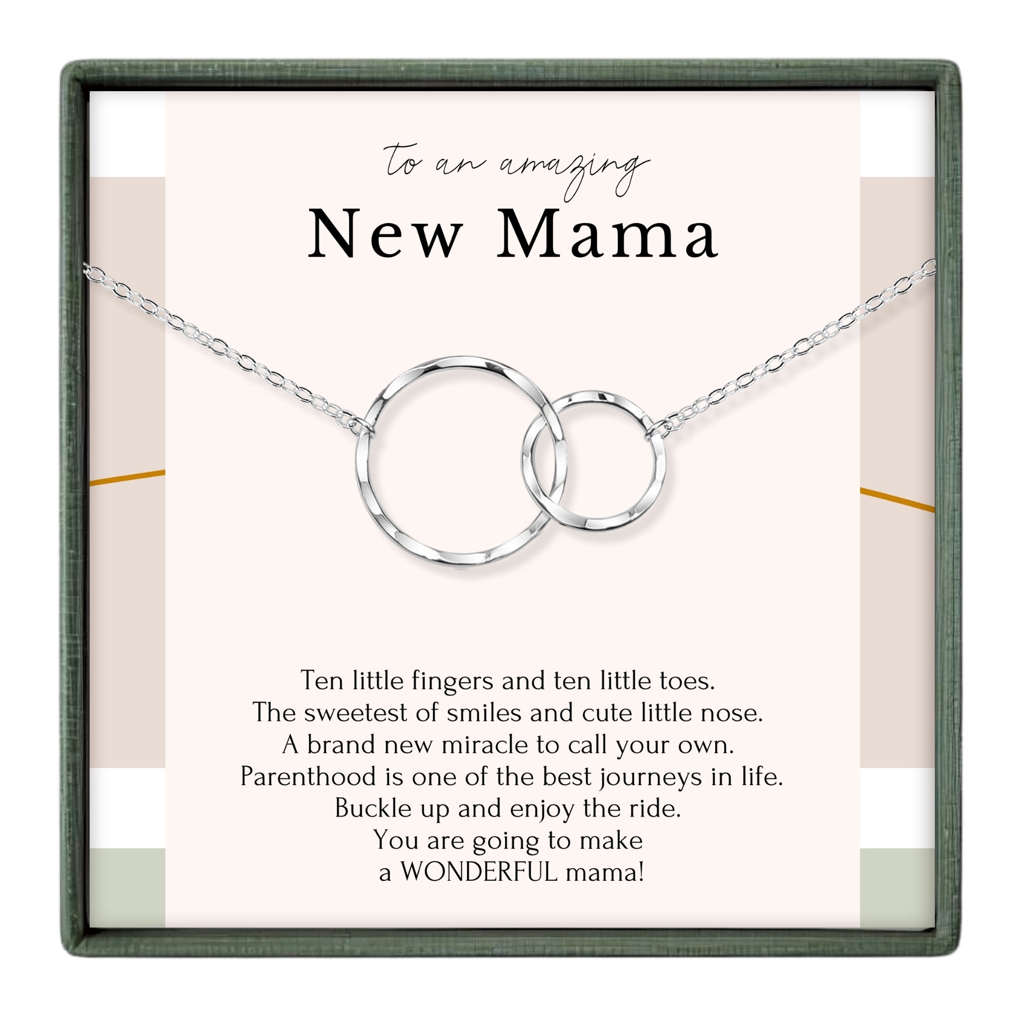 The image is a necklace with two interlocking silver rings, accompanied by a heartfelt message about the joys of motherhood.