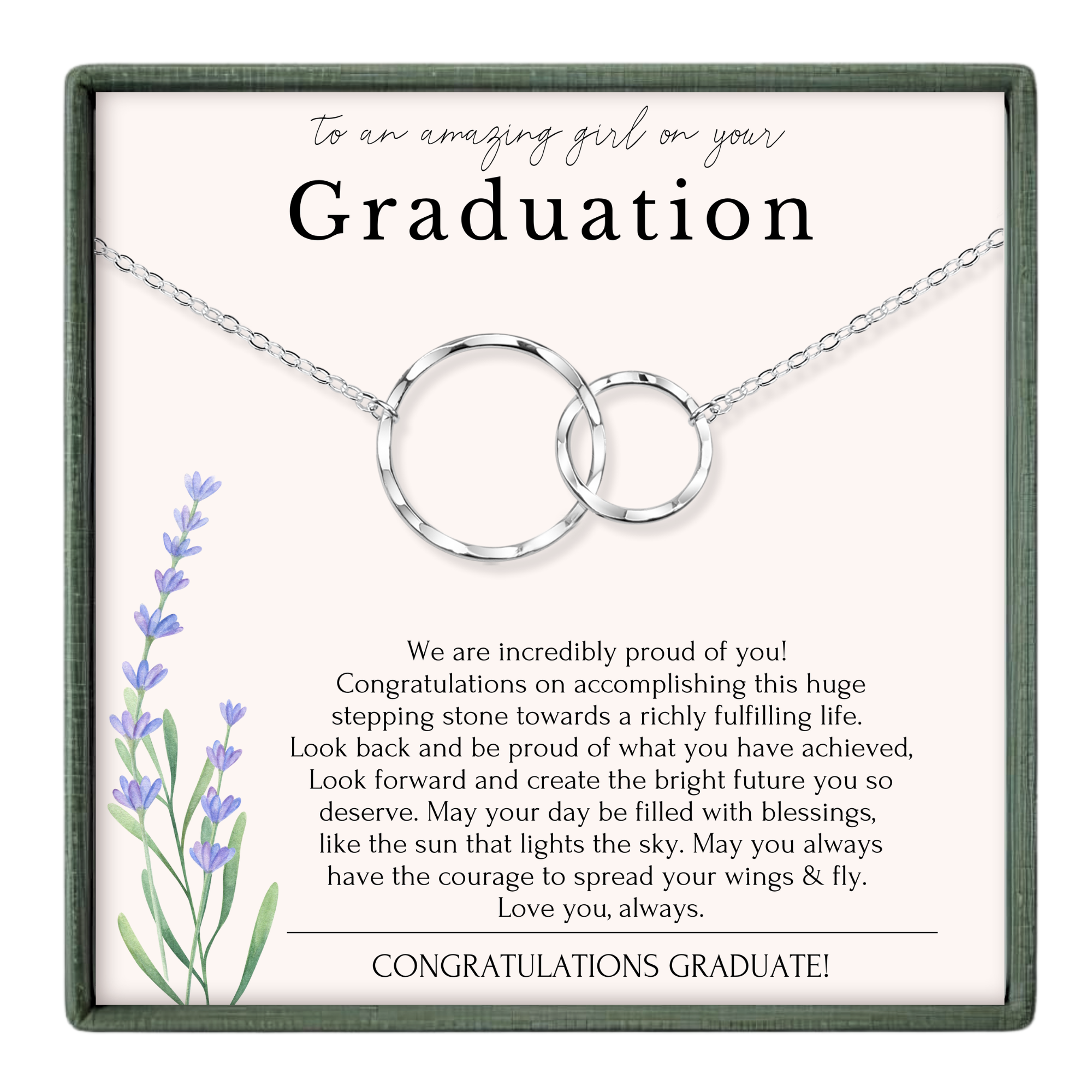 The image is a graduation gift box with a silver necklace and a message congratulating the graduate on their achievement.