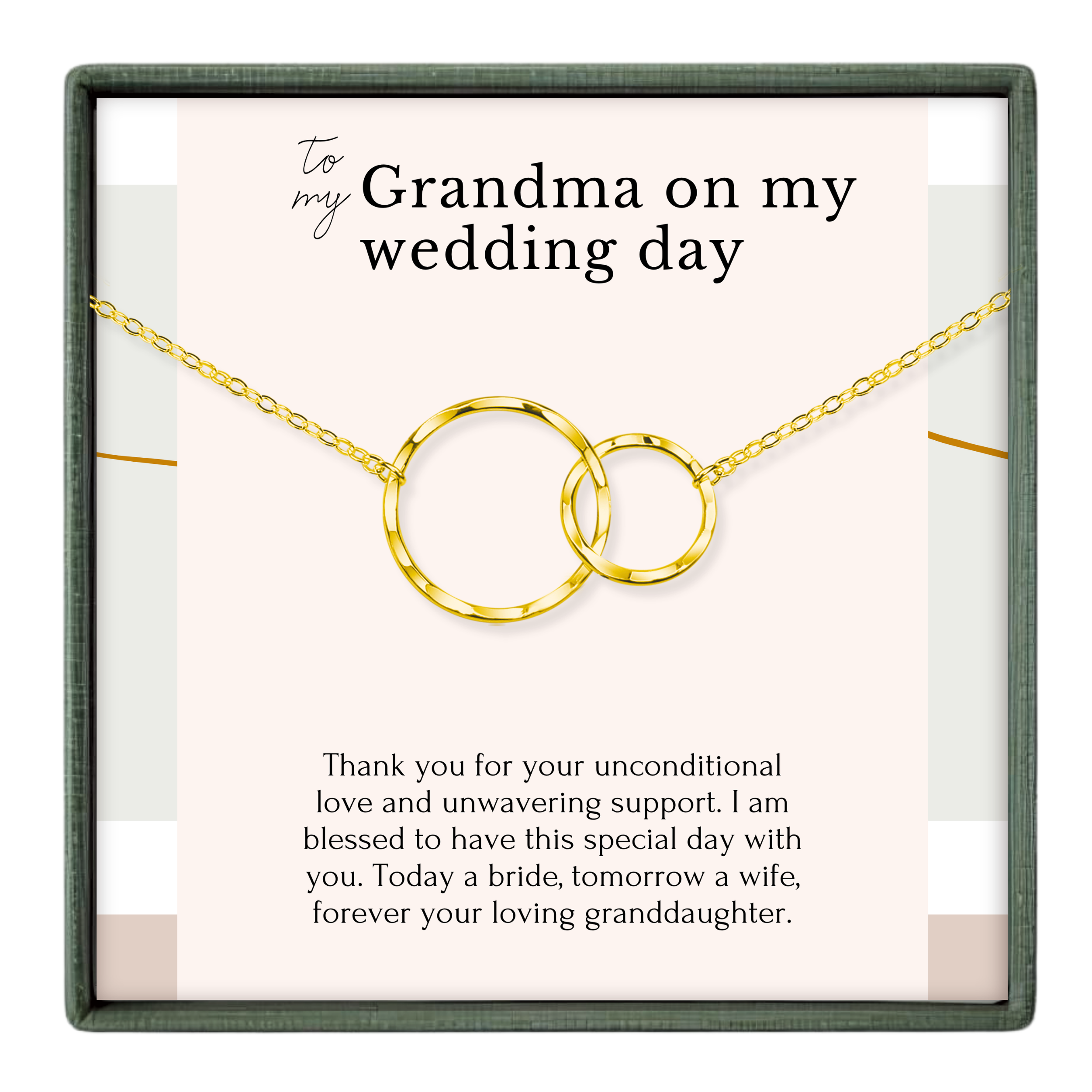 The image is a necklace with two gold rings, and it is presented as a gift to Grandma on her wedding day.
