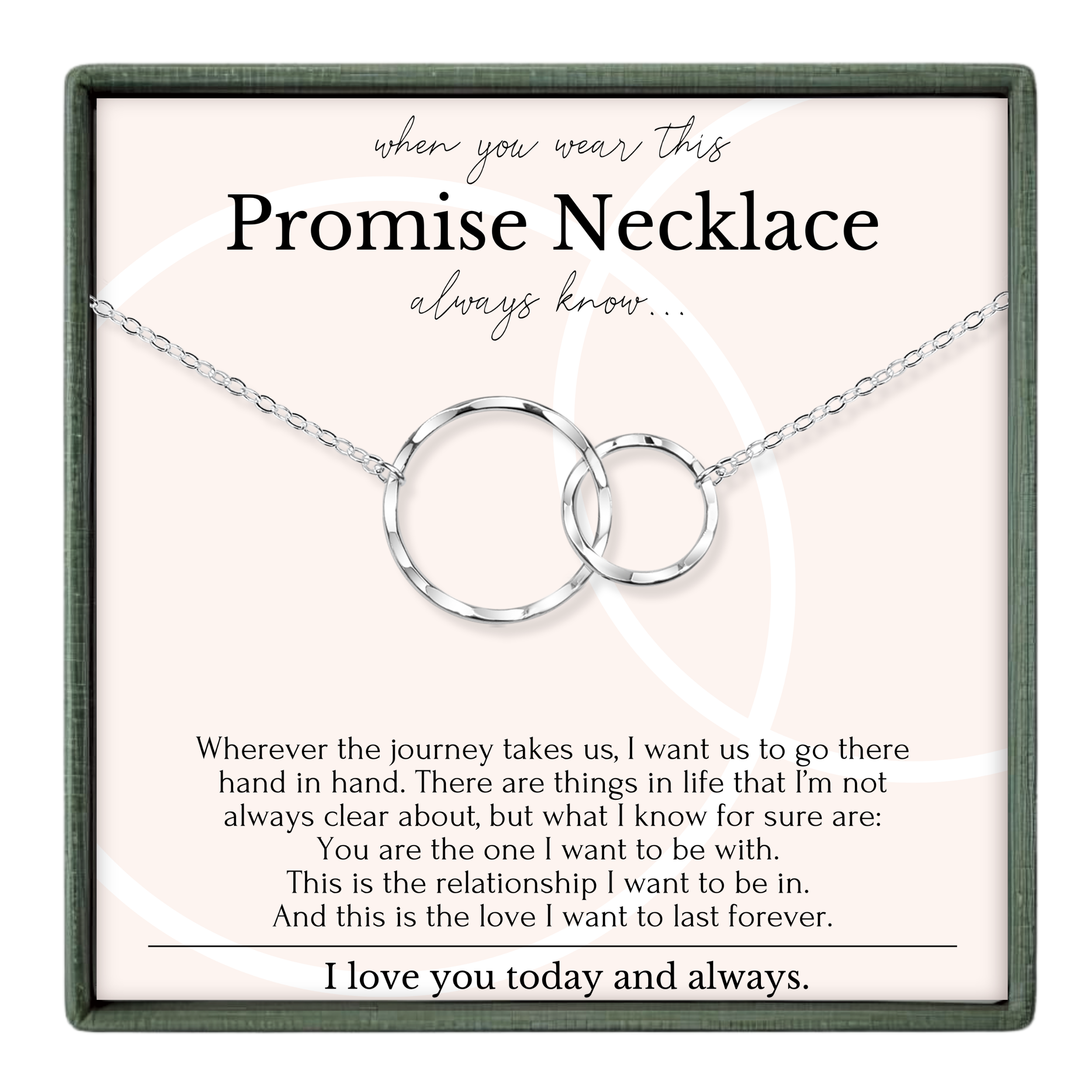 a necklace with two interlocking rings, accompanied by a heartfelt message about the importance of love and commitment.