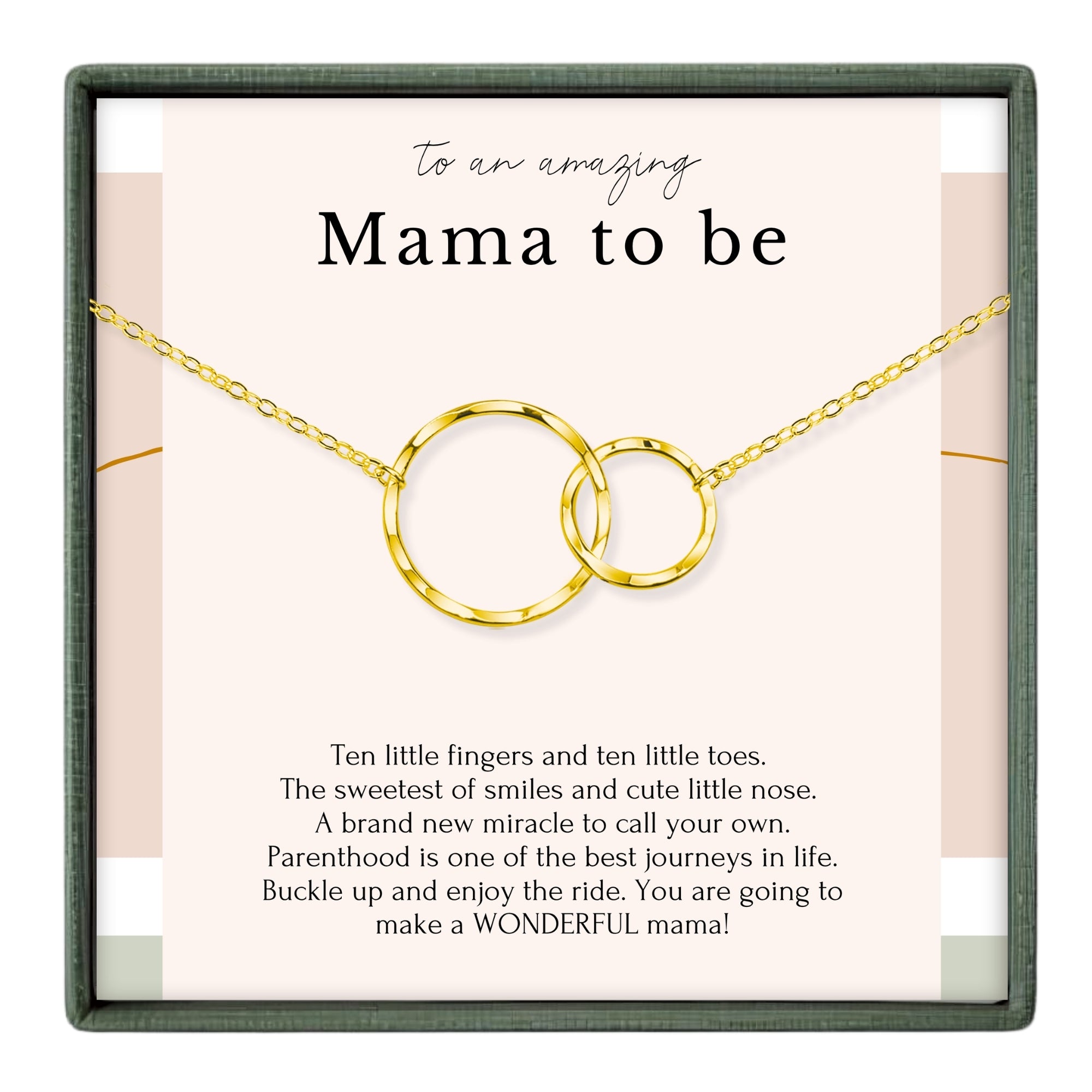 a necklace with two gold rings, accompanied by a message that reads "To an amazing Mama to be".
