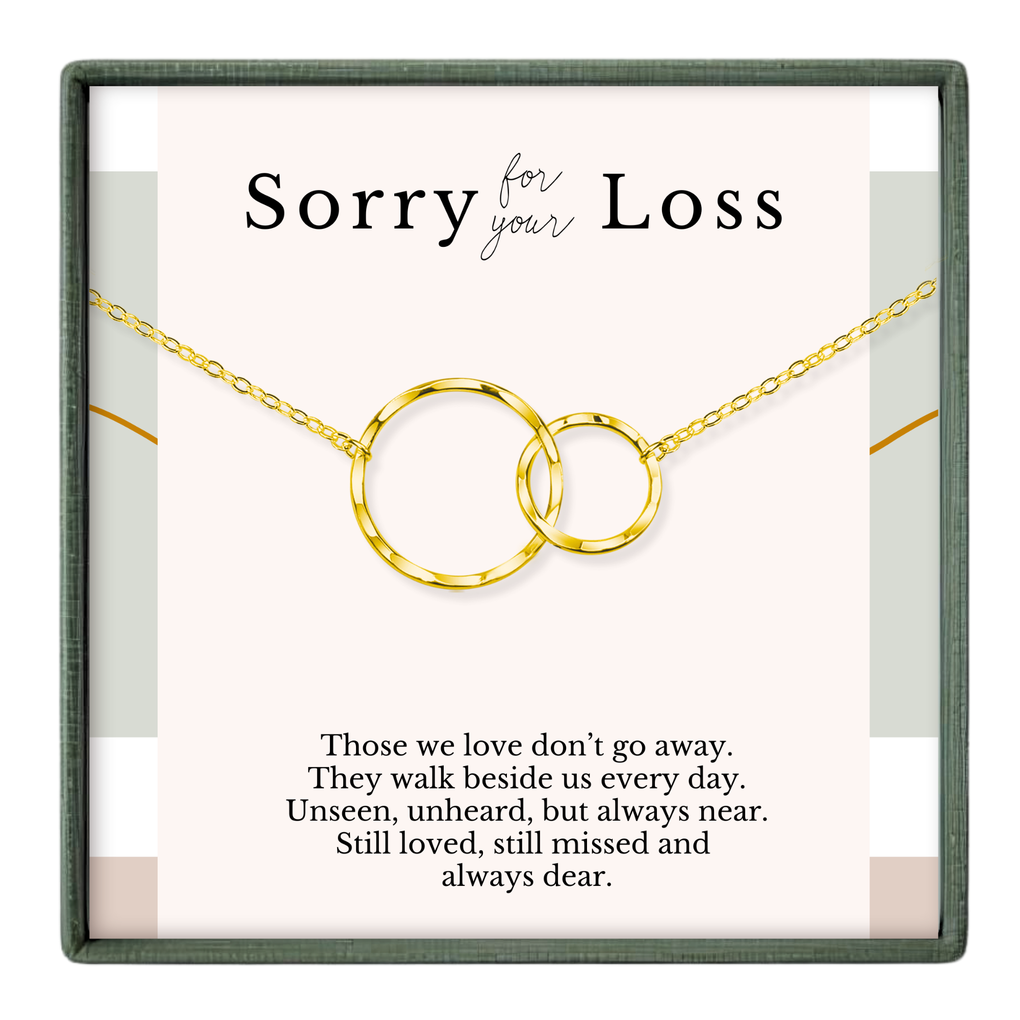 The image is a necklace with two gold rings, accompanied by a message that expresses sympathy for a loss.
