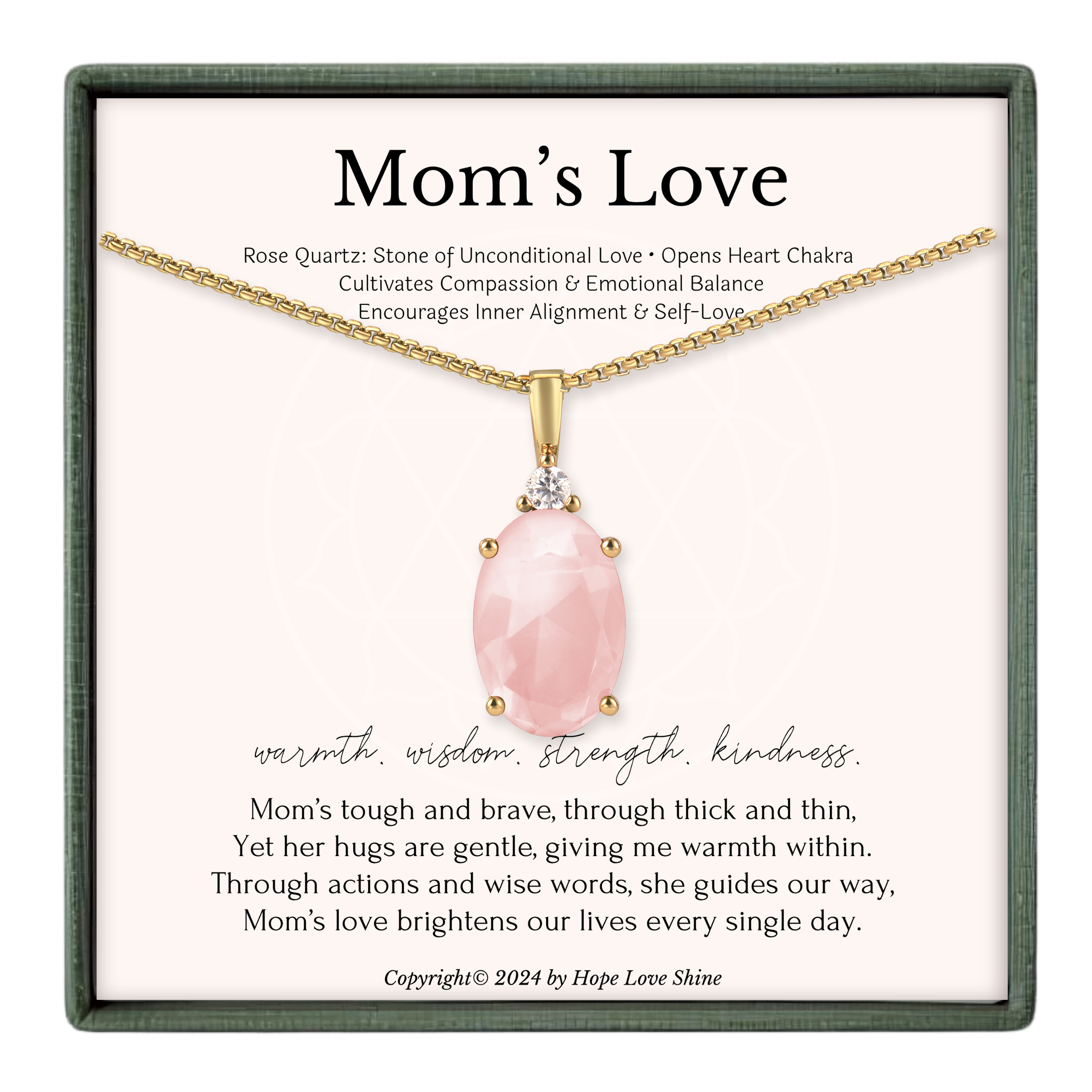 a necklace with a pendant, and there is a text box containing a poem about a mother's love.