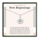 a silver necklace with a round pendant, which is described as a reminder of the incredible beauty and strength that can come from change. The necklace is set against a light pink background, and the text above the necklace reads "To a fresh start and New Beginnings".