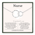 The image is a necklace with two interlocking rings, and it is accompanied by a heartfelt message expressing gratitude and admiration for a nurse.