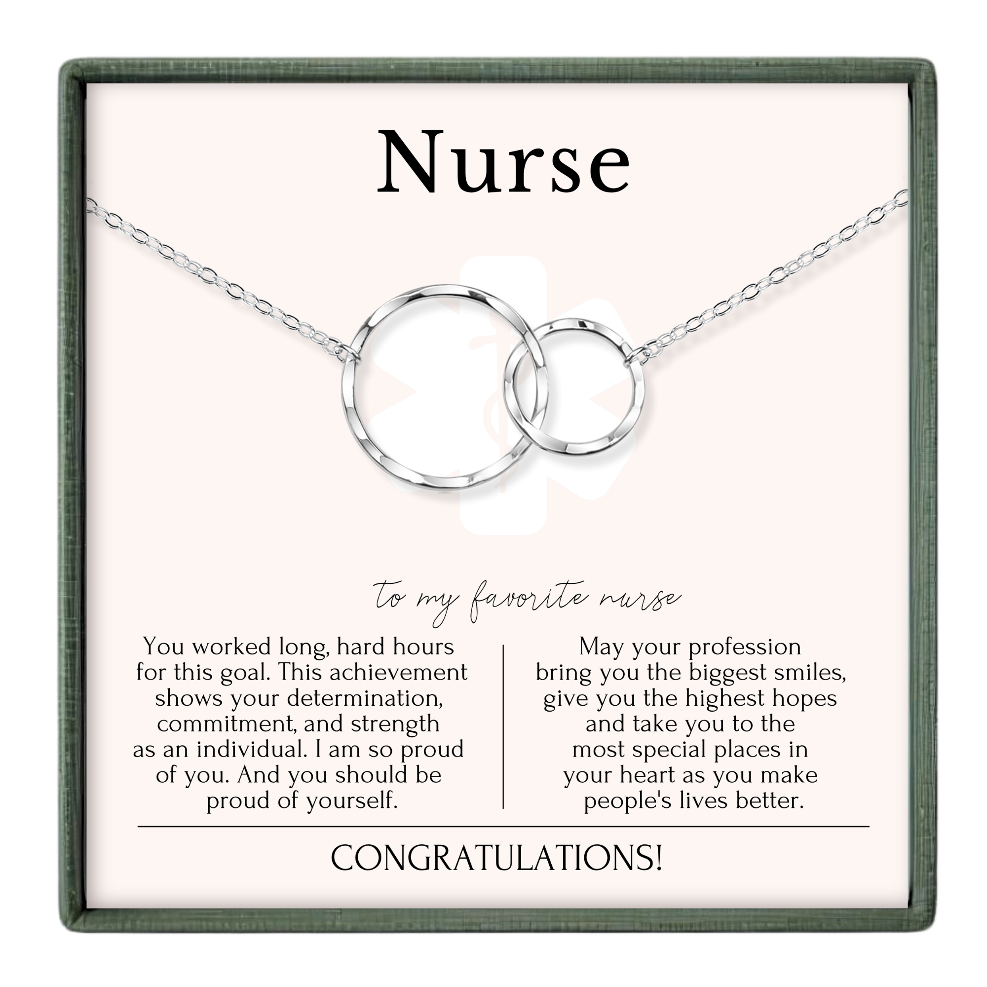 The image is a necklace with two interlocking rings, and it is accompanied by a heartfelt message expressing gratitude and admiration for a nurse.