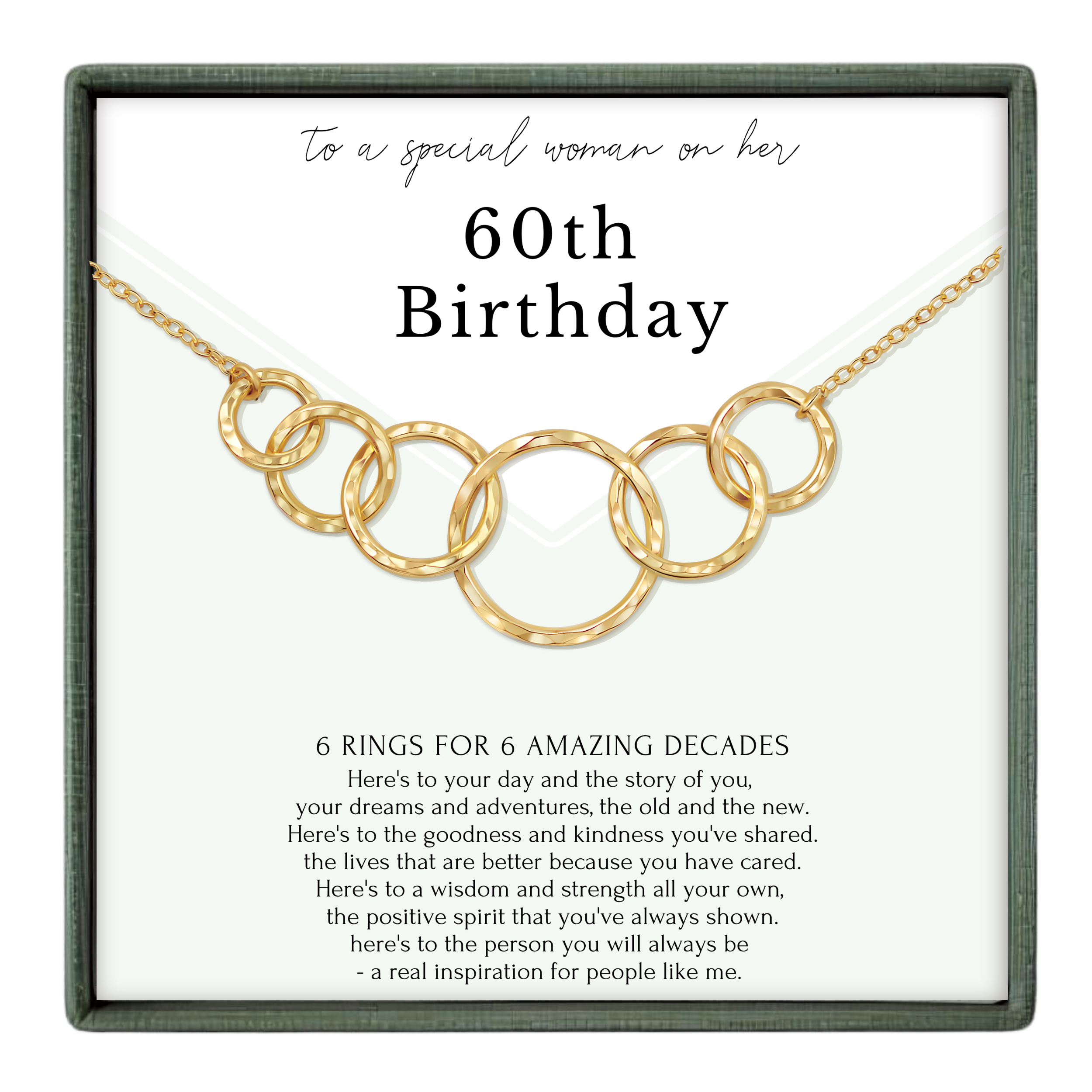 The image is a birthday gift box with a gold necklace featuring a series of rings. The text on the gift box reads "to a special woman on her 60th Birthday" and provides a message about the rings symbolizing the person's life experiences and the positive qualities they have shared.