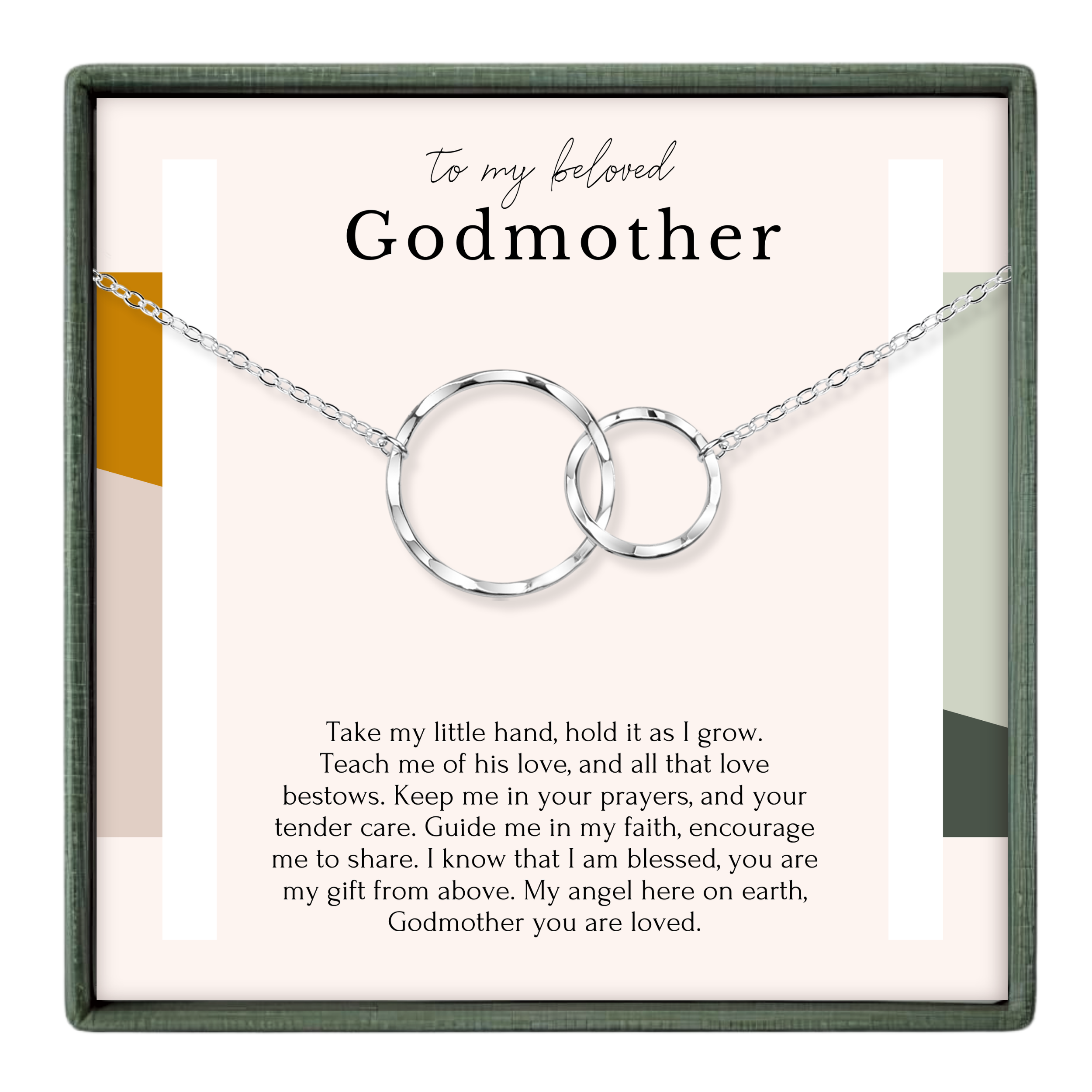 The image is a necklace with a pendant that says "To my beloved Godmother" and includes a message about the love and care of Godmother.