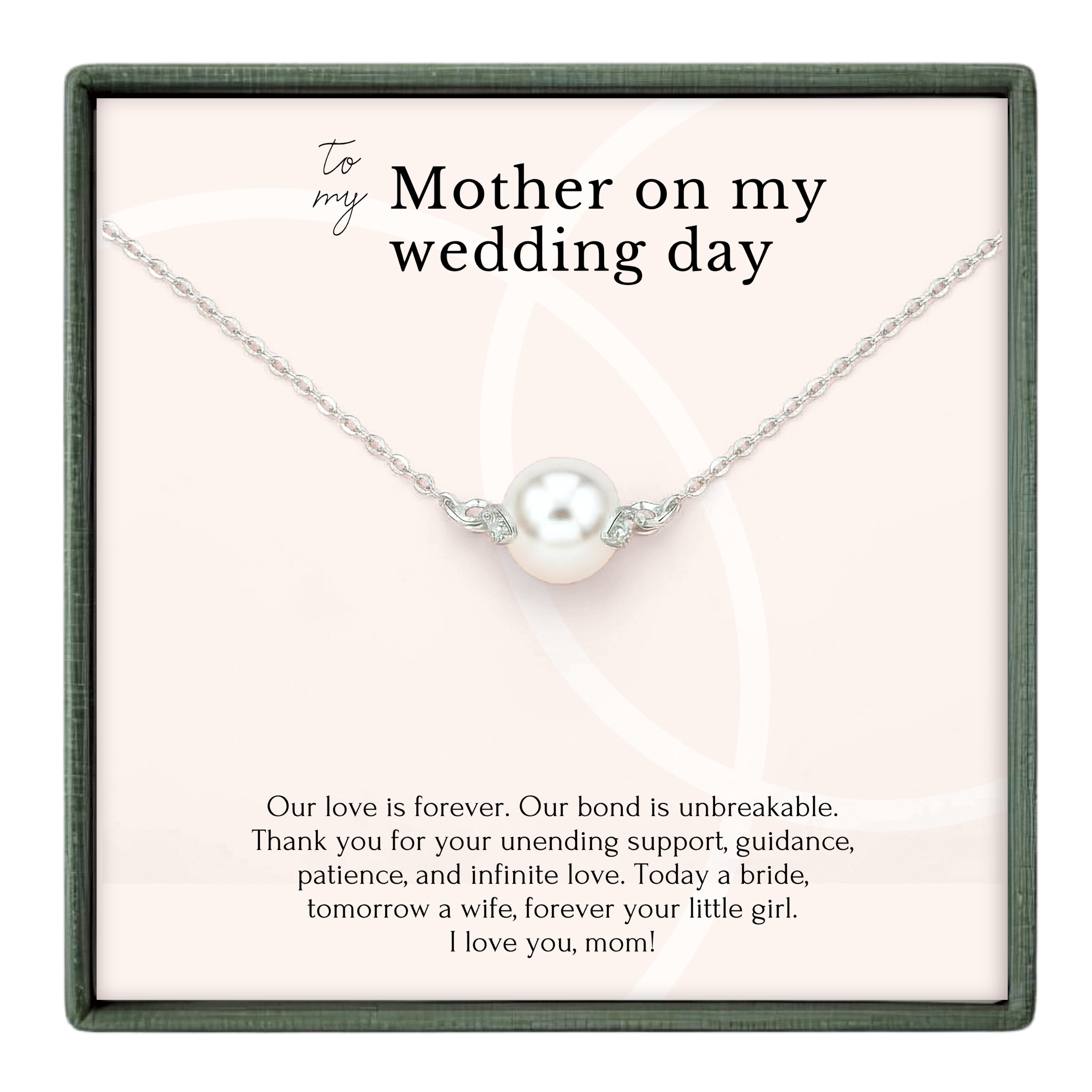 The image is a necklace with a pearl pendant, accompanied by a heartfelt message expressing love and appreciation for the mother on the mother's wedding day.