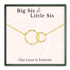 a necklace with two gold-colored circles, and there is text that reads "Big Sis & Little Sis" and "Our Love is Forever."