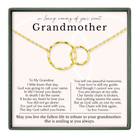 The image is a memorial tribute to a grandmother, featuring a necklace with two gold rings and a heartfelt message expressing love and remembrance.
