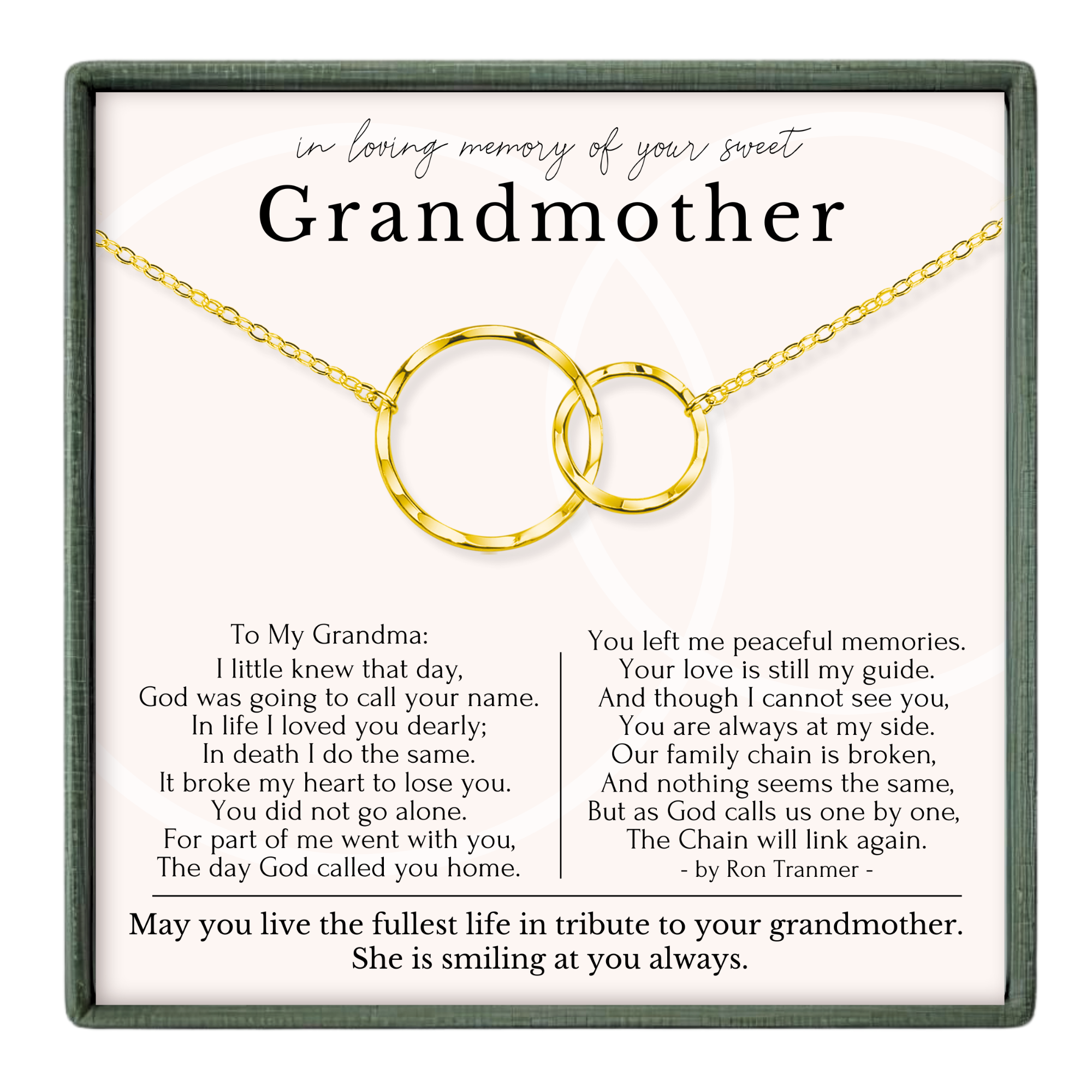 The image is a memorial tribute to a grandmother, featuring a necklace with two gold rings and a heartfelt message expressing love and remembrance.