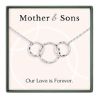 A necklace with three interlocking rings, accompanied by the text "Mother & Sons" and "Our Love is Forever."