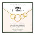 The image is a birthday card for a woman celebrating her 40th birthday. It features a necklace with four gold rings, and the card includes a message about the woman's experiences and the wonderful person she is.