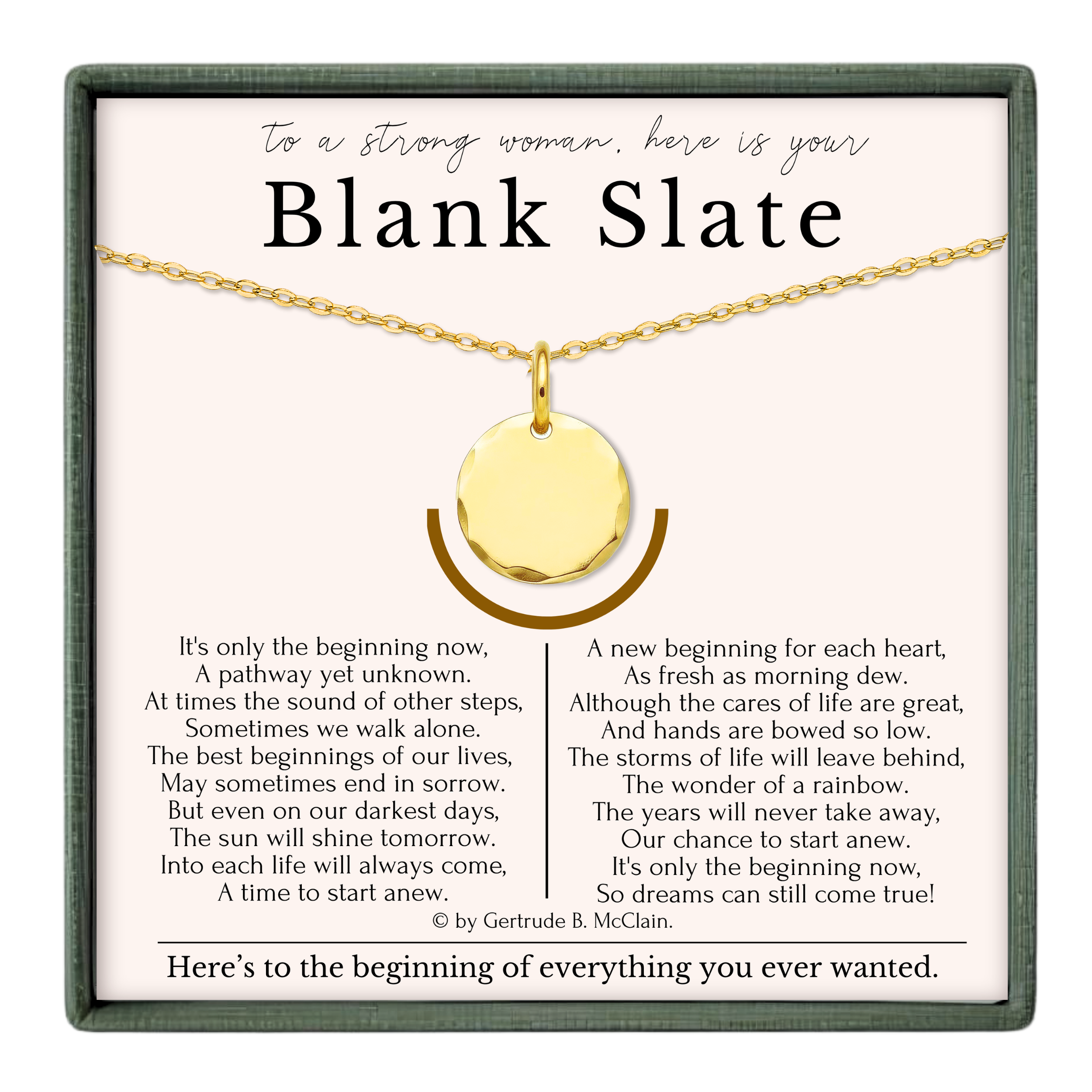 The image is a framed box containing a necklace with a pendant, accompanied by a poem about the beginning of life.