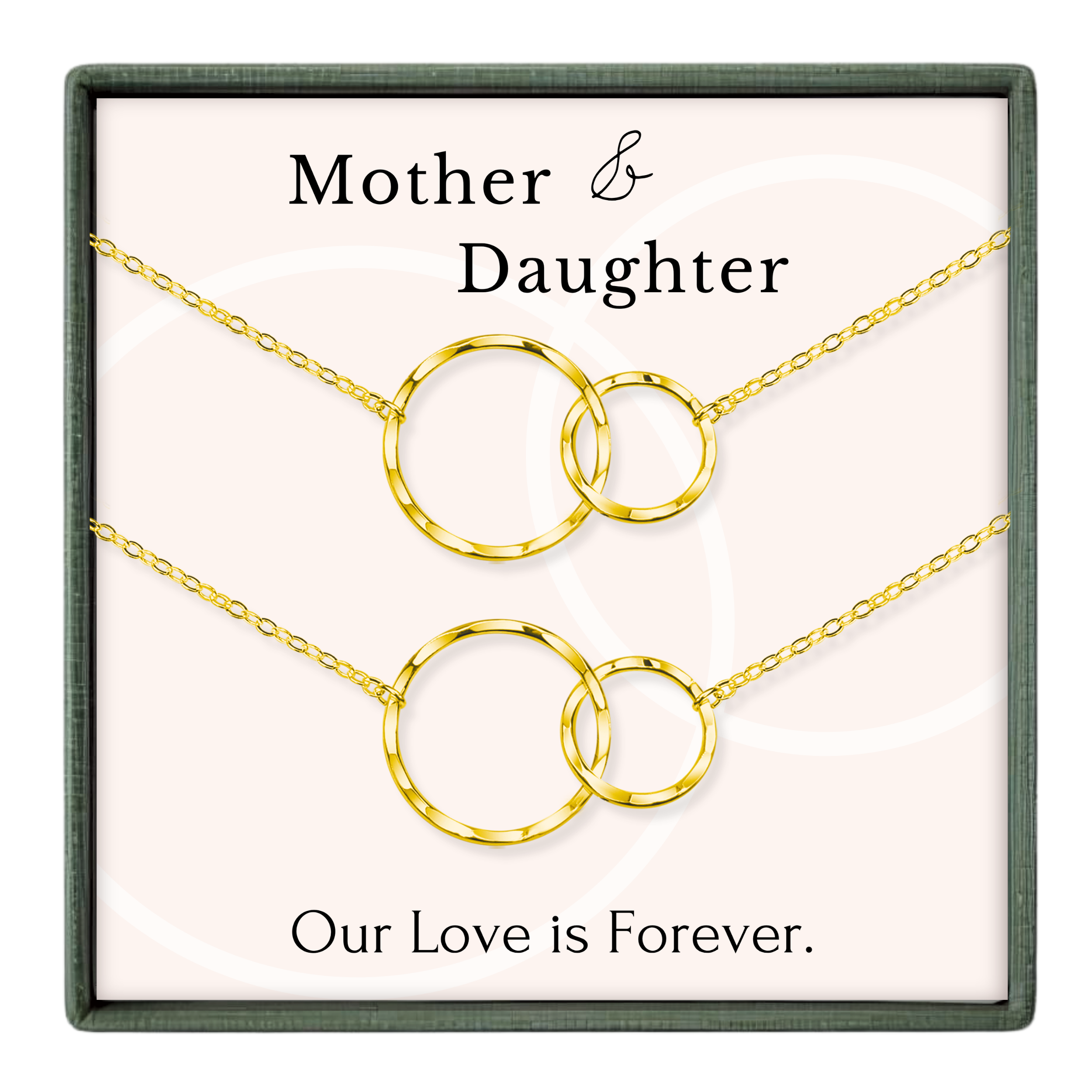 a necklace set with two gold-colored circular pendants, each connected to the other by a chain. The text on the image reads "Mother & Daughter" and "Our Love is Forever."
