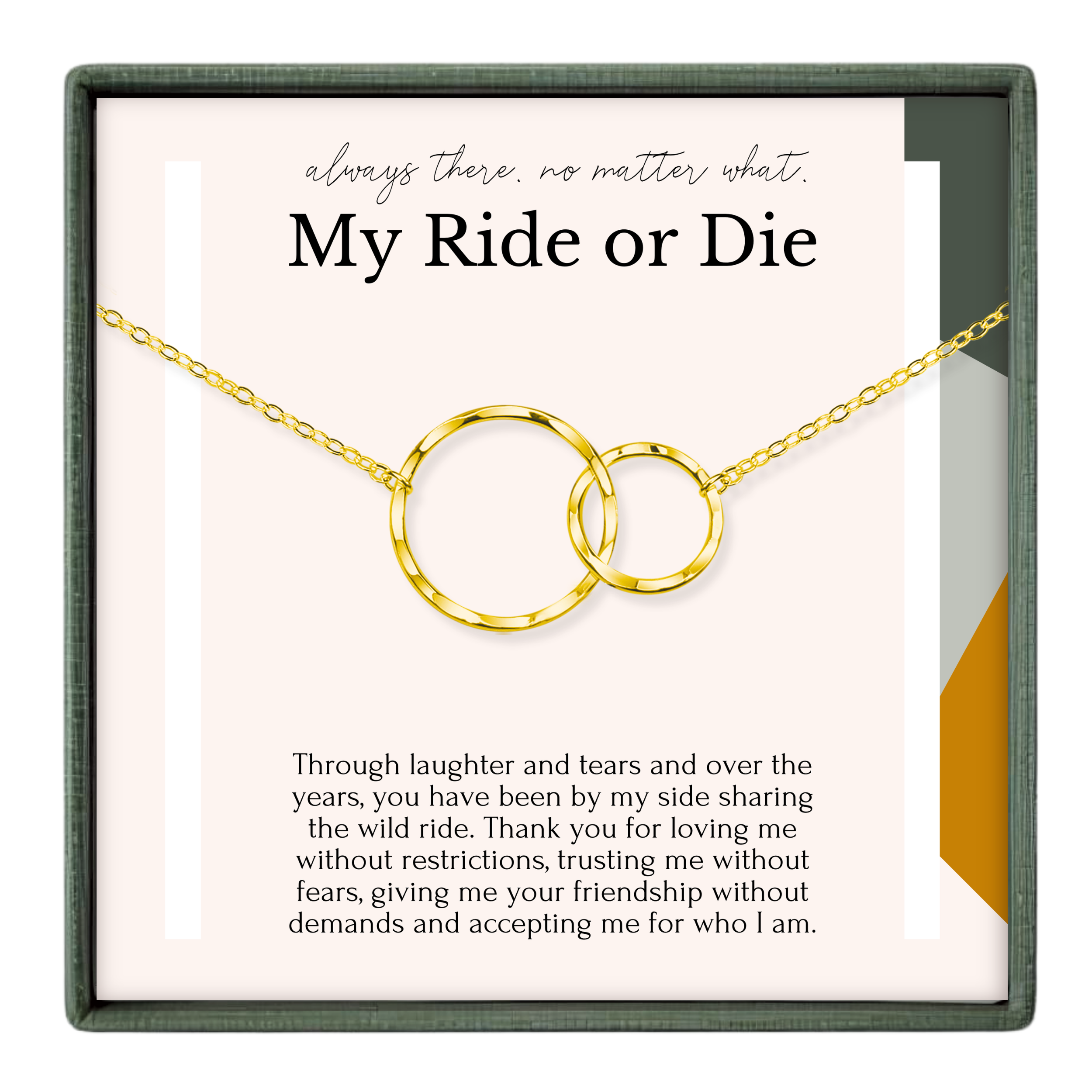 a necklace with two gold-colored circular rings, accompanied by a heartfelt message about friendship and love.