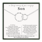The image is a memorial tribute to a son, featuring a necklace with two circular pendants and a heartfelt message about the love and memories shared between a father and son.