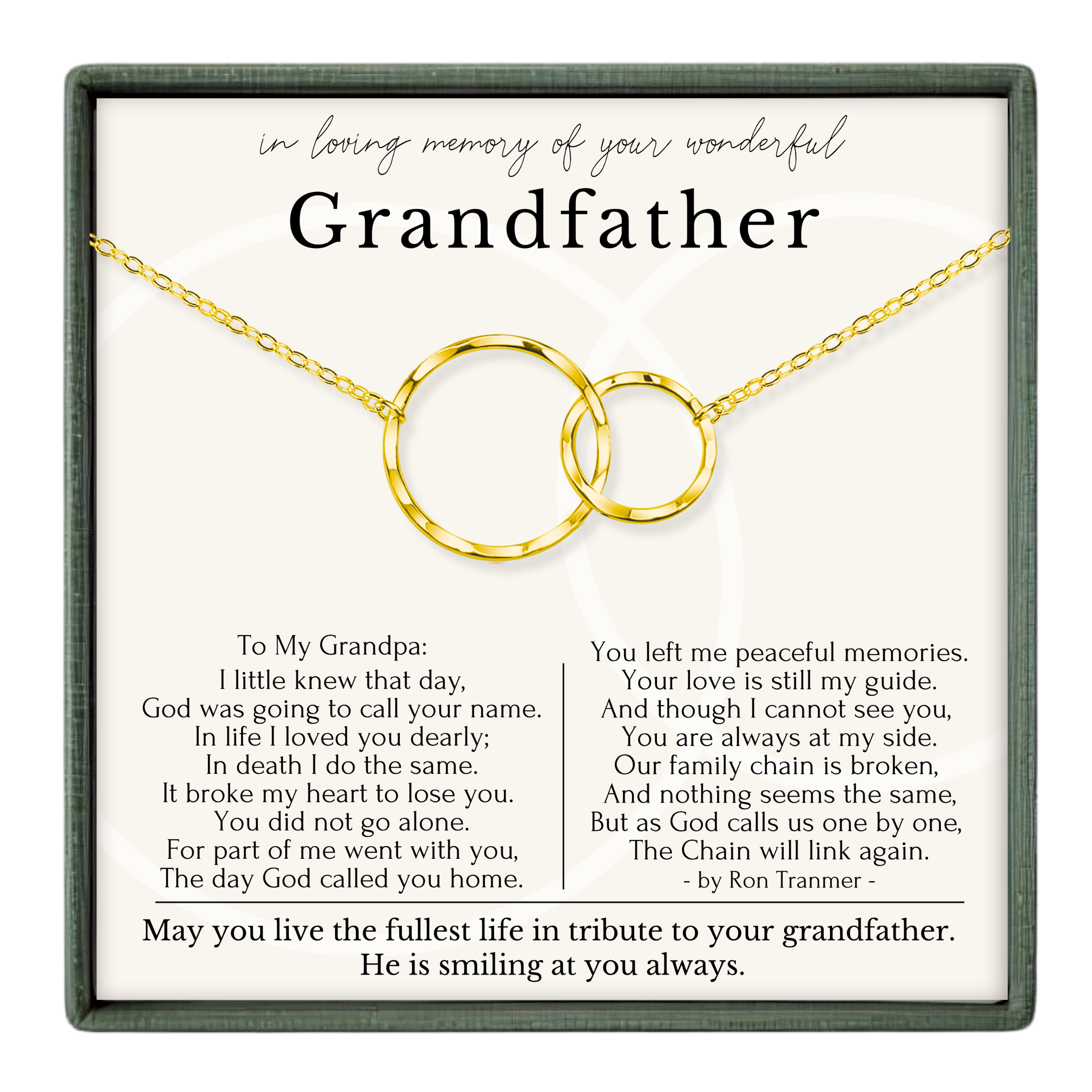 The image is a memorial tribute to a grandfather, featuring a gold chain with two interlocking rings and a heartfelt message about the grandfather's love and the memories they shared.