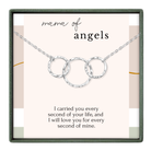 A necklace with three interlocking rings, accompanied by a heartfelt message about the love and care a mother of angels carries for her child.