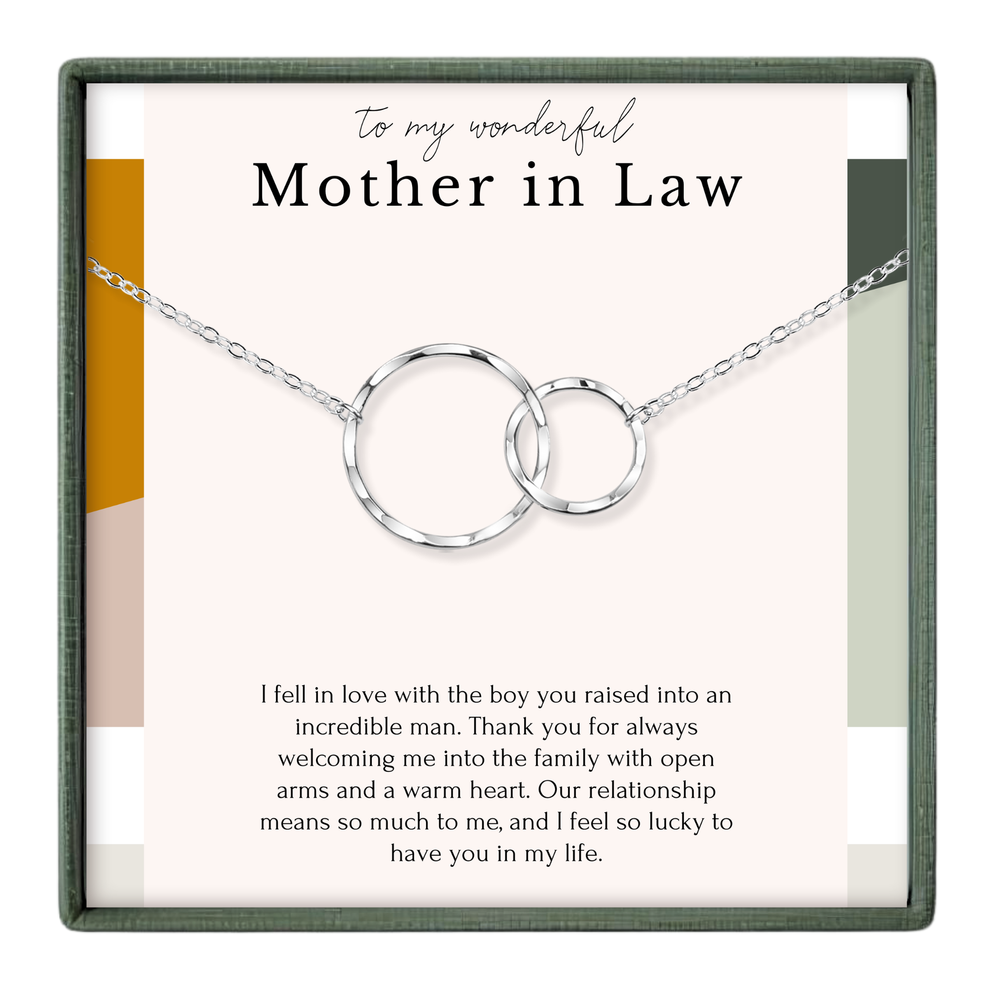 a necklace with two interlocking silver rings, accompanied by a heartfelt message expressing love and appreciation for the mother in law.
