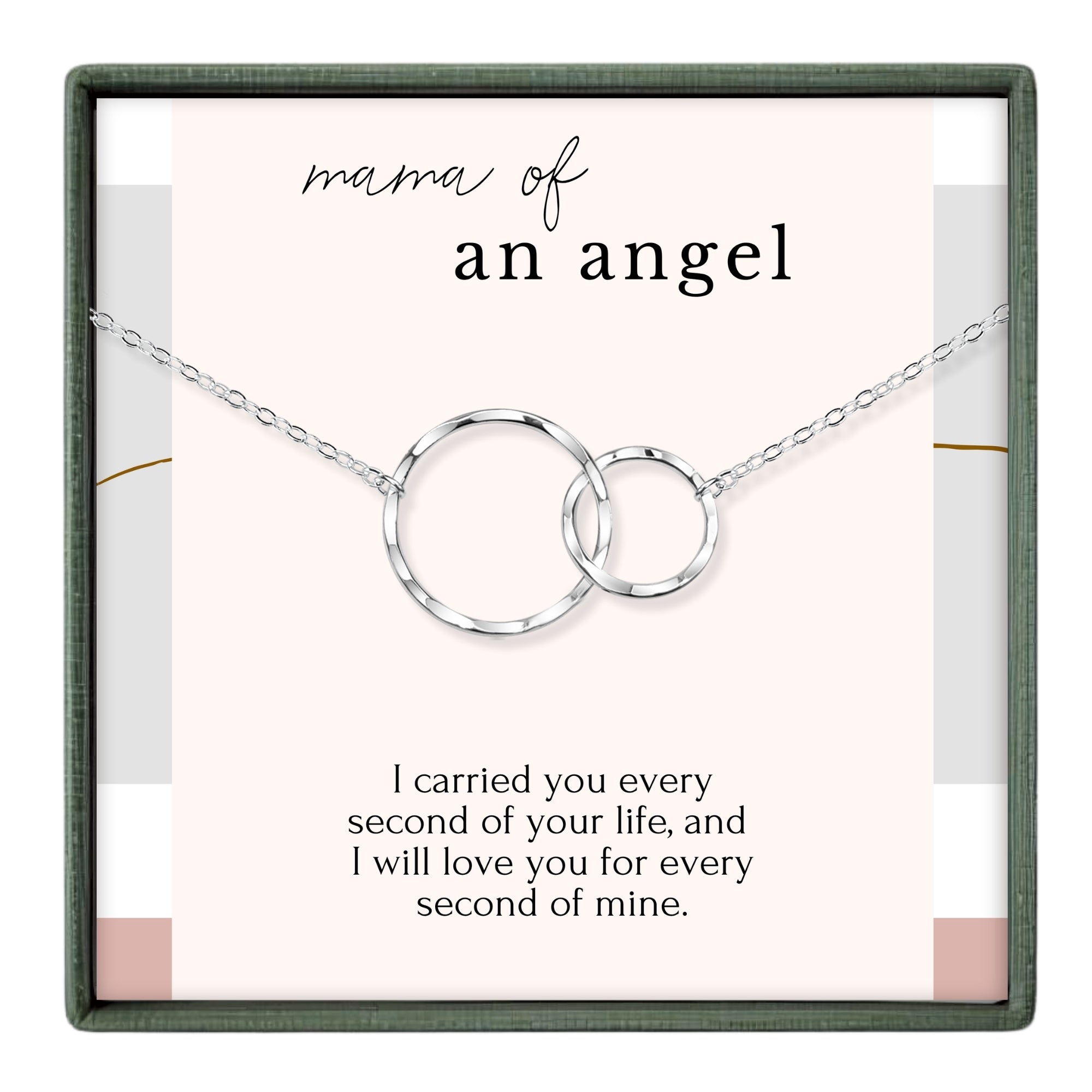 a necklace with two silver rings, accompanied by a heartfelt message about the love and care of a mother.