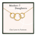 a necklace with three interlocking rings, accompanied by a message that reads "Our Love is Forever."
