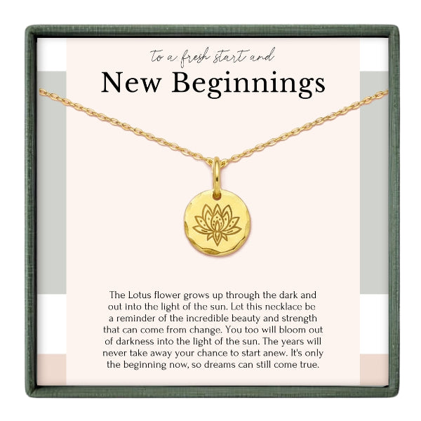 a necklace with a pendant in the shape of a lotus flower, accompanied by a motivational quote about the lotus flower symbolizing new beginnings and the importance of embracing change.