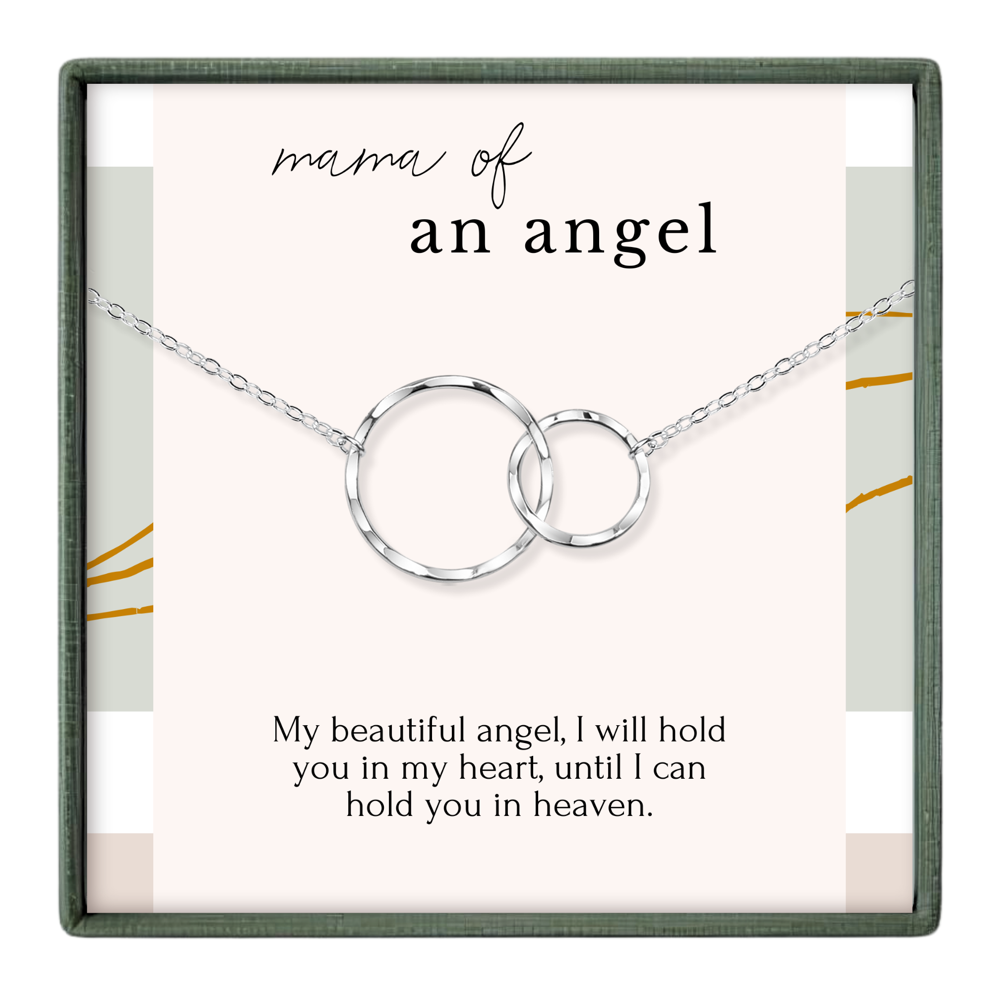 a necklace with two interlocking silver rings, accompanied by a heartfelt message about the mother of an angel.