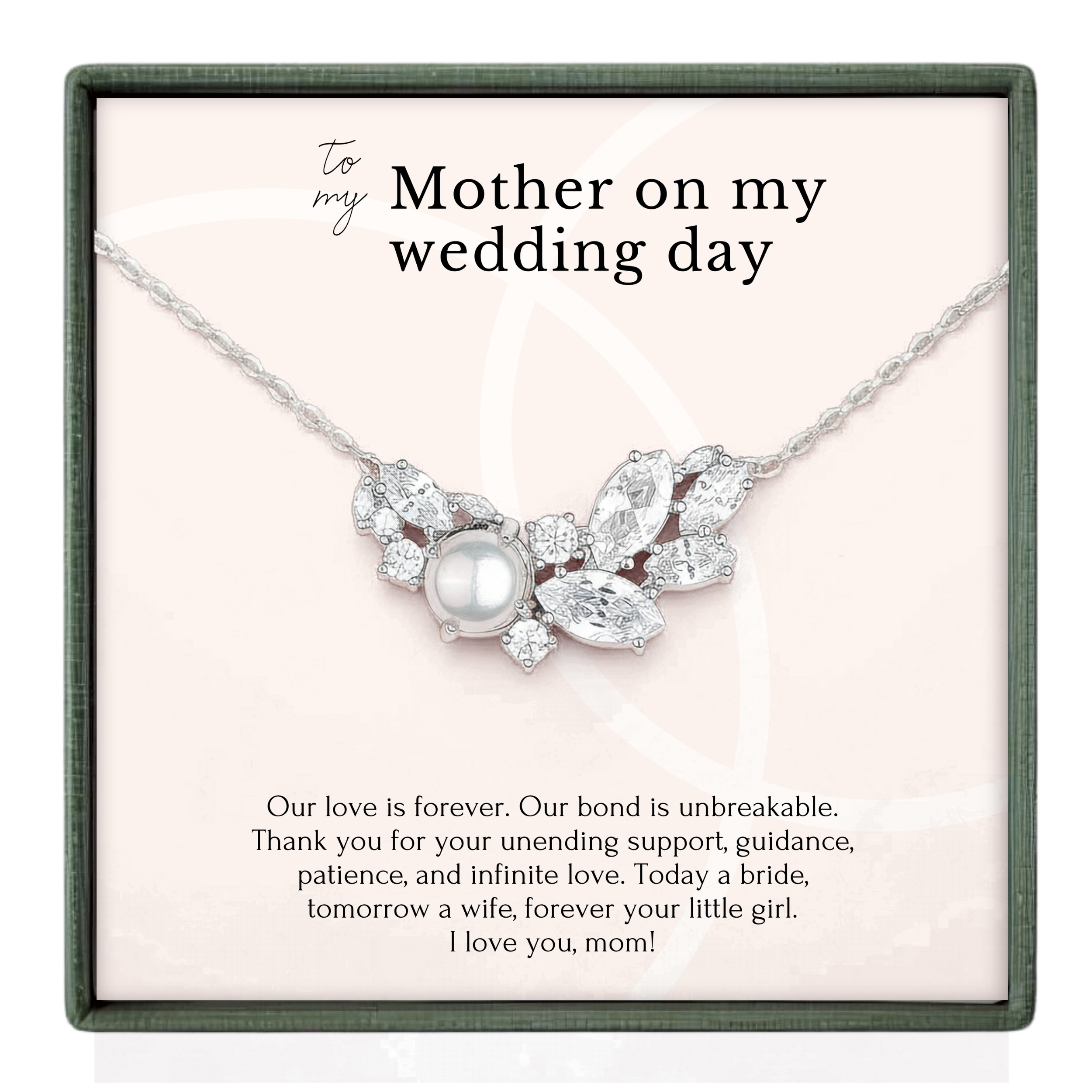 The image is a necklace with a pendant, accompanied by a heartfelt message expressing love and appreciation for the mother on the mother's wedding day.