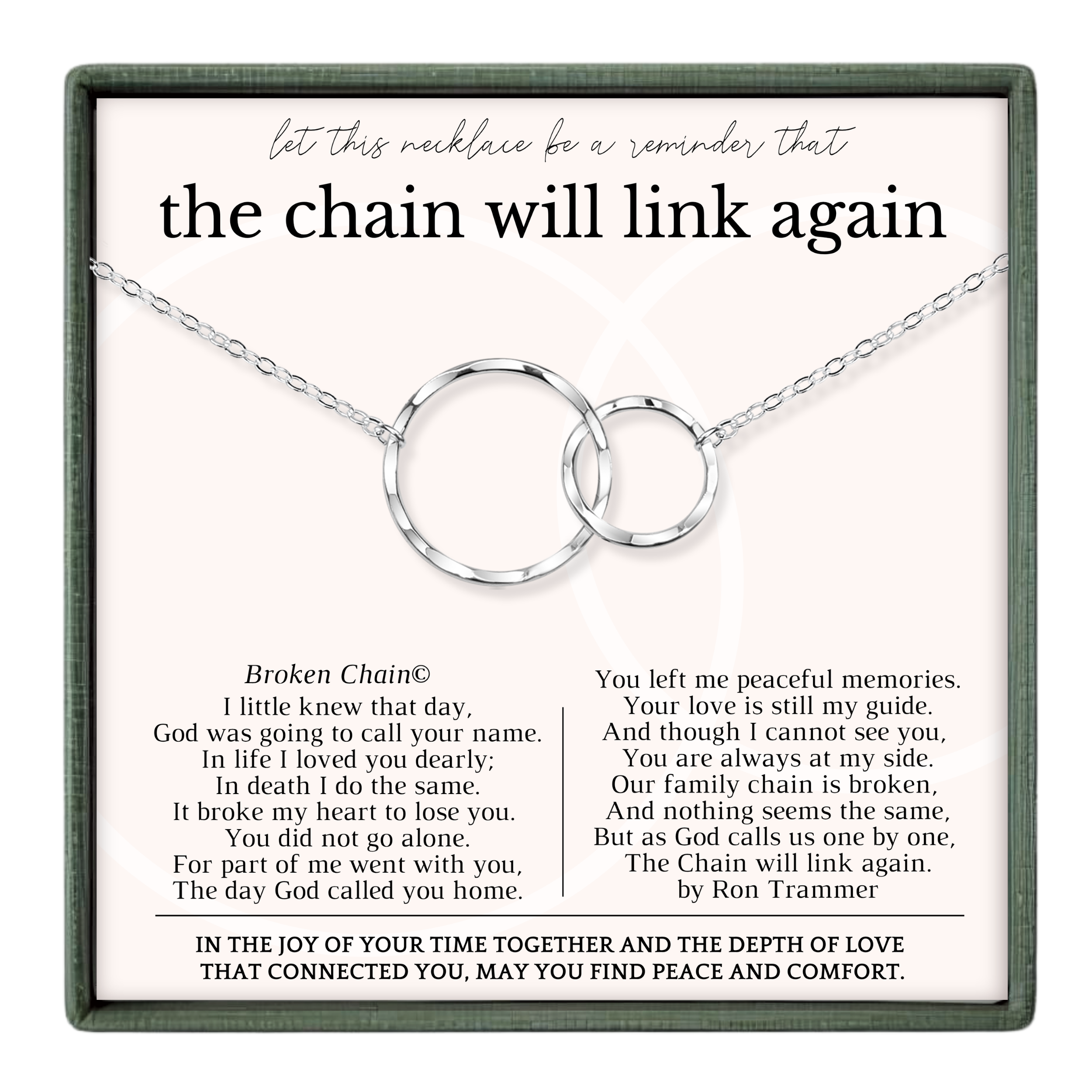 a necklace with a pendant, accompanied by a poem that describes the necklace as a reminder of a broken chain. The poem expresses feelings of loss, loneliness, and the desire for peace and comfort. The image does not contain any text, and the poem is written in a poetic style.